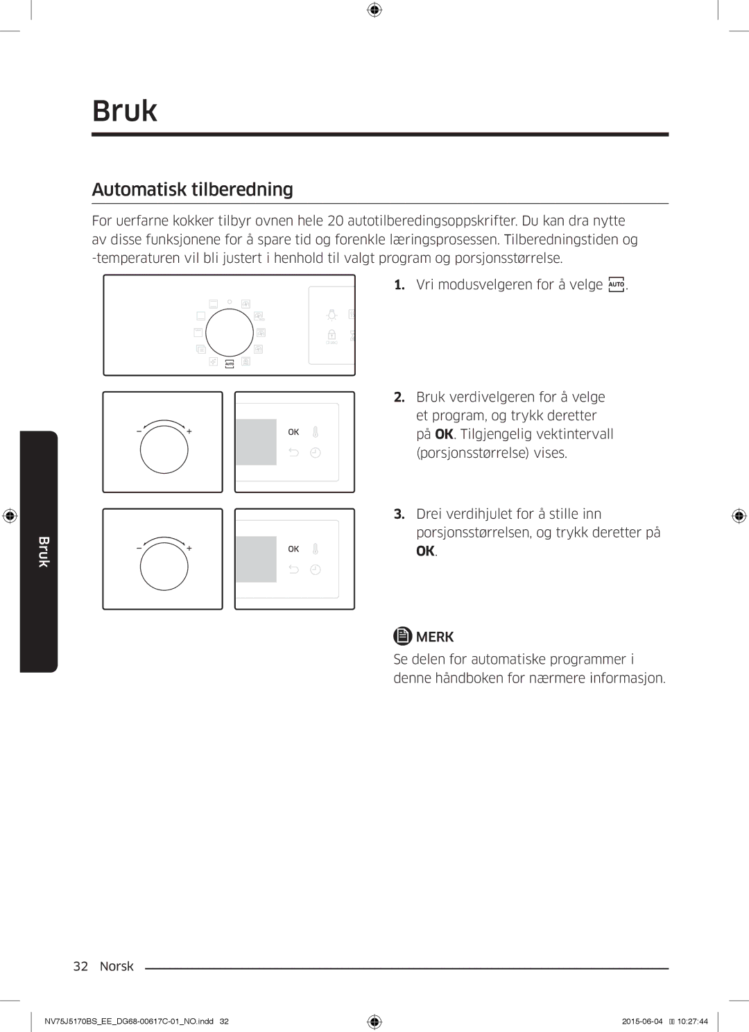 Samsung NV75J5170BS/EE manual Automatisk tilberedning 