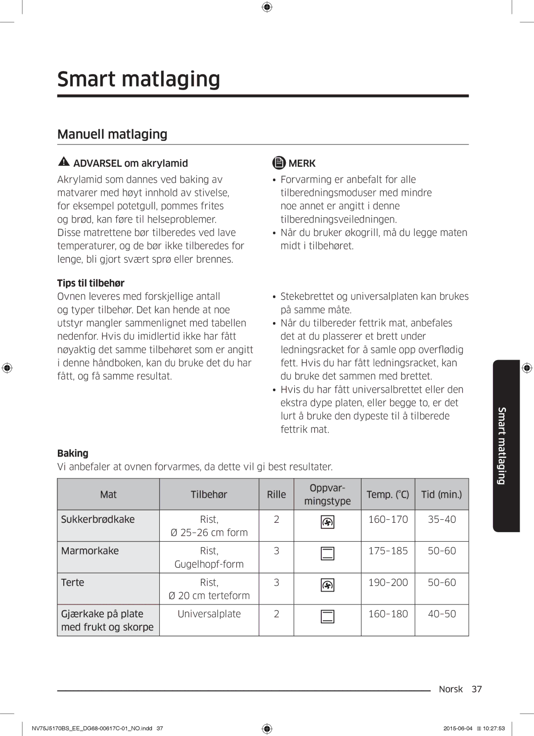 Samsung NV75J5170BS/EE manual Smart matlaging, Manuell matlaging, Tips til tilbehør, Baking 