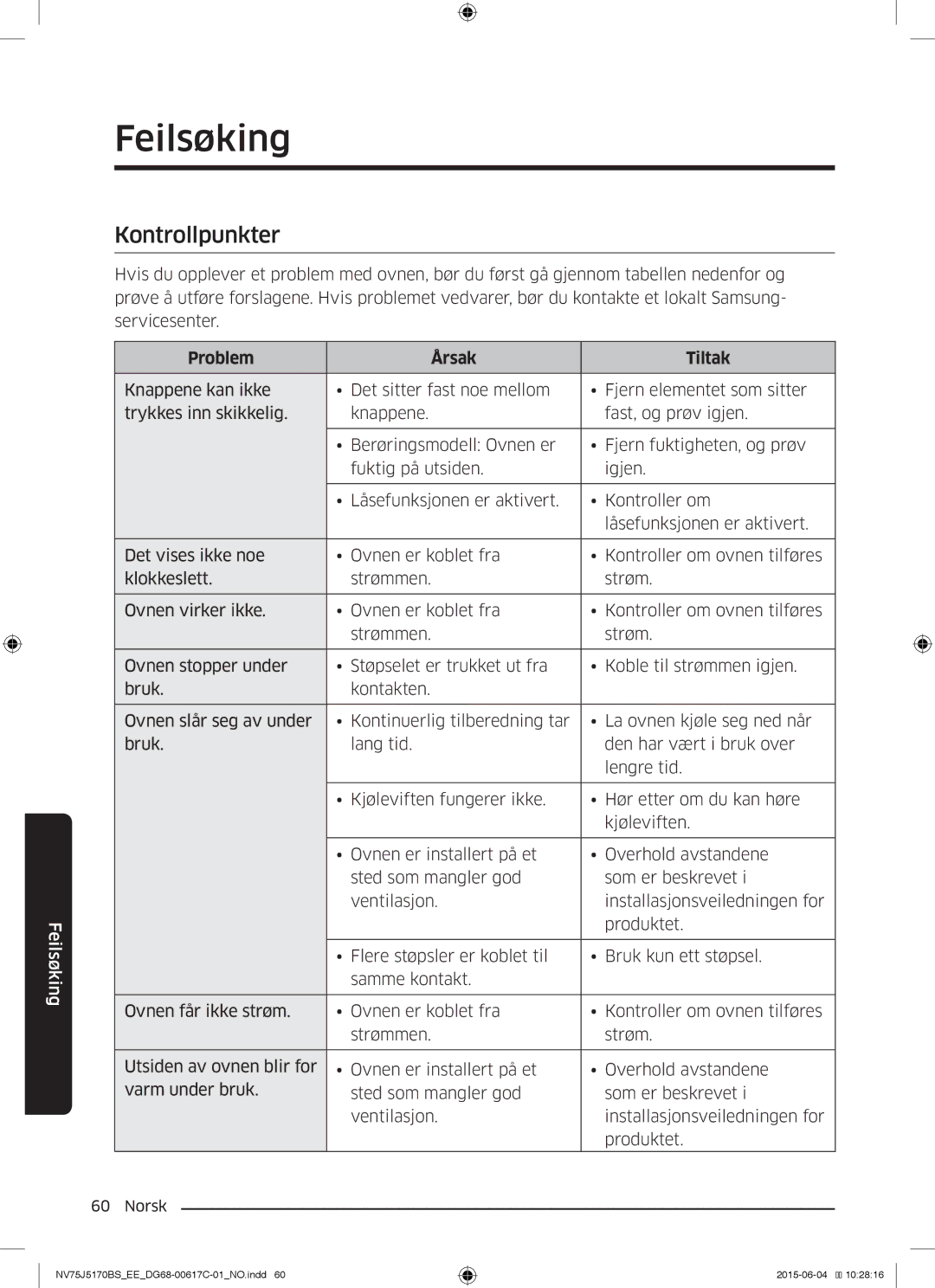 Samsung NV75J5170BS/EE manual Feilsøking, Problem Årsak Tiltak 