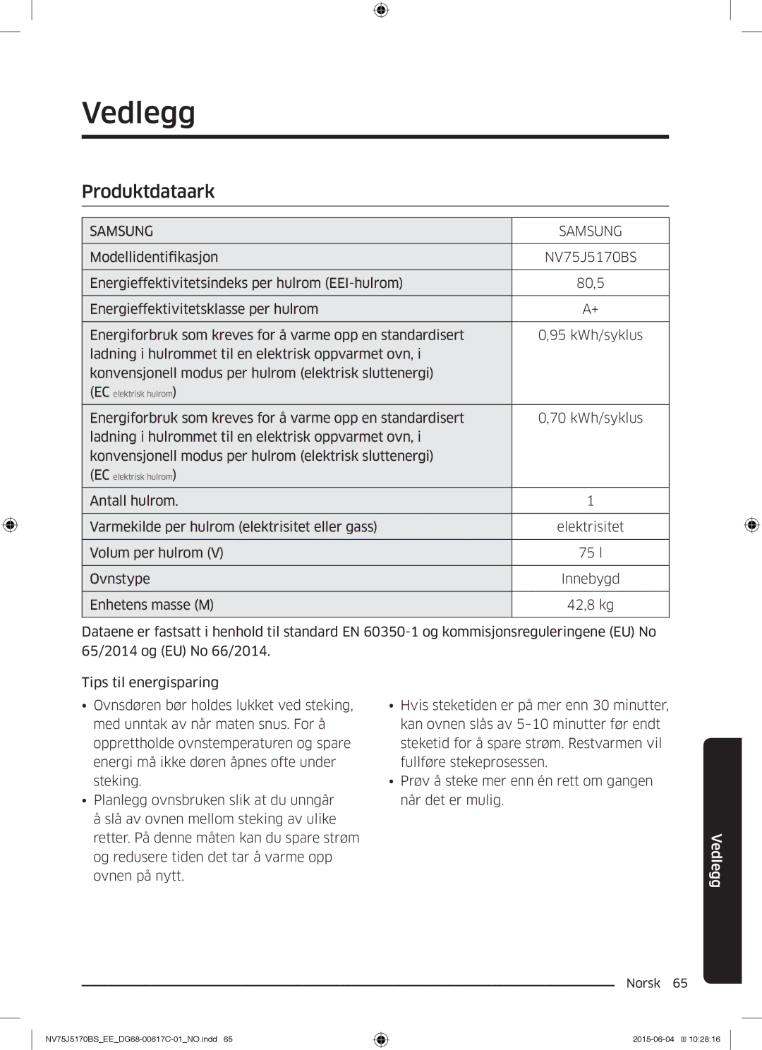 Samsung NV75J5170BS/EE manual Vedlegg, Produktdataark 