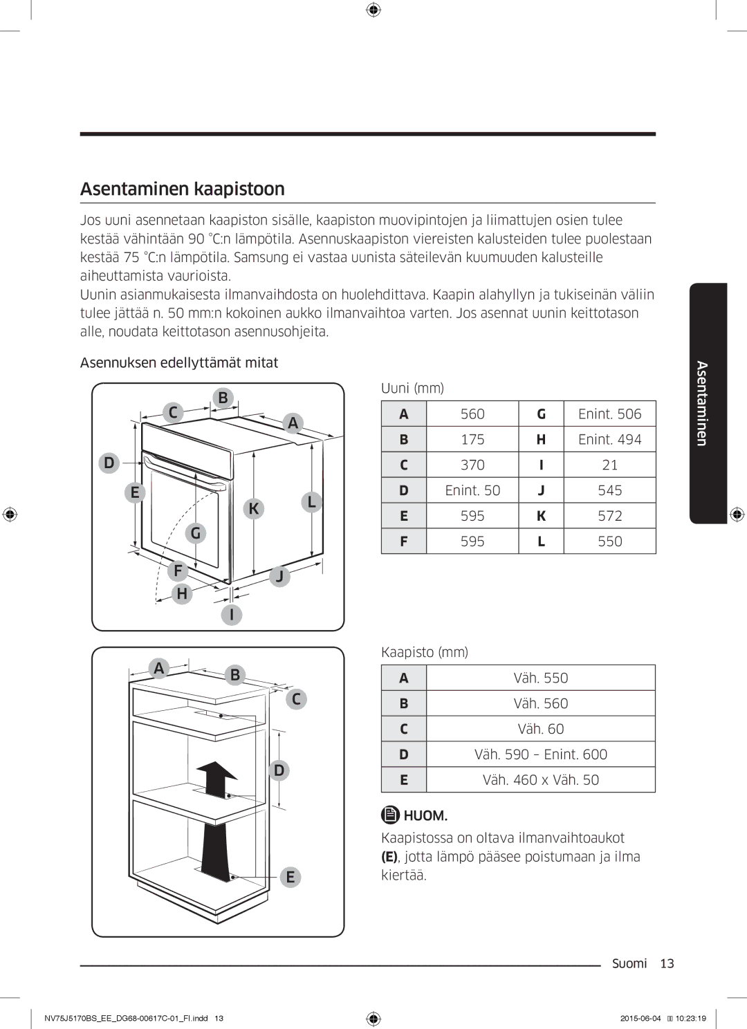 Samsung NV75J5170BS/EE manual Asentaminen kaapistoon 