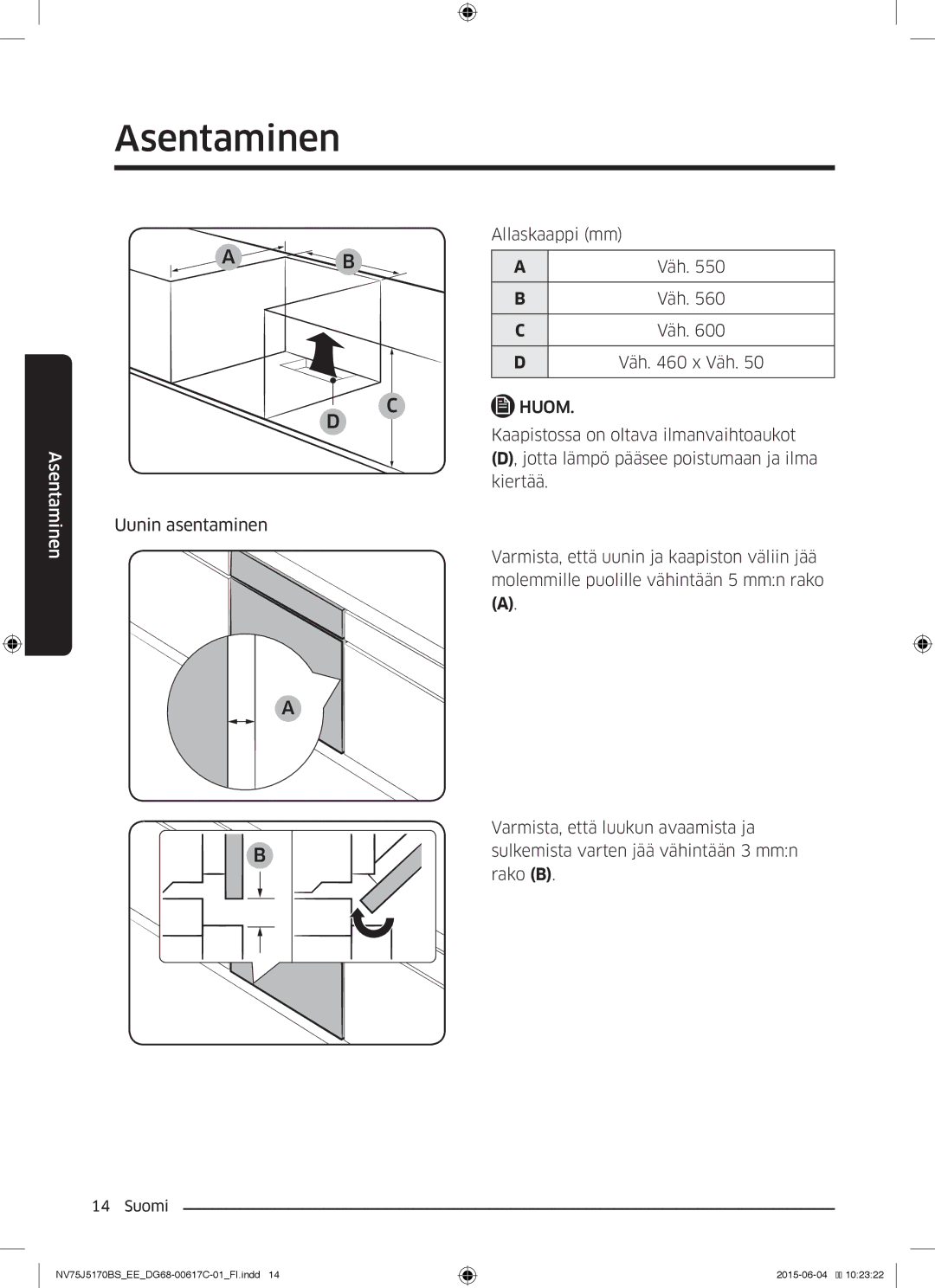 Samsung NV75J5170BS/EE manual Allaskaappi mm 