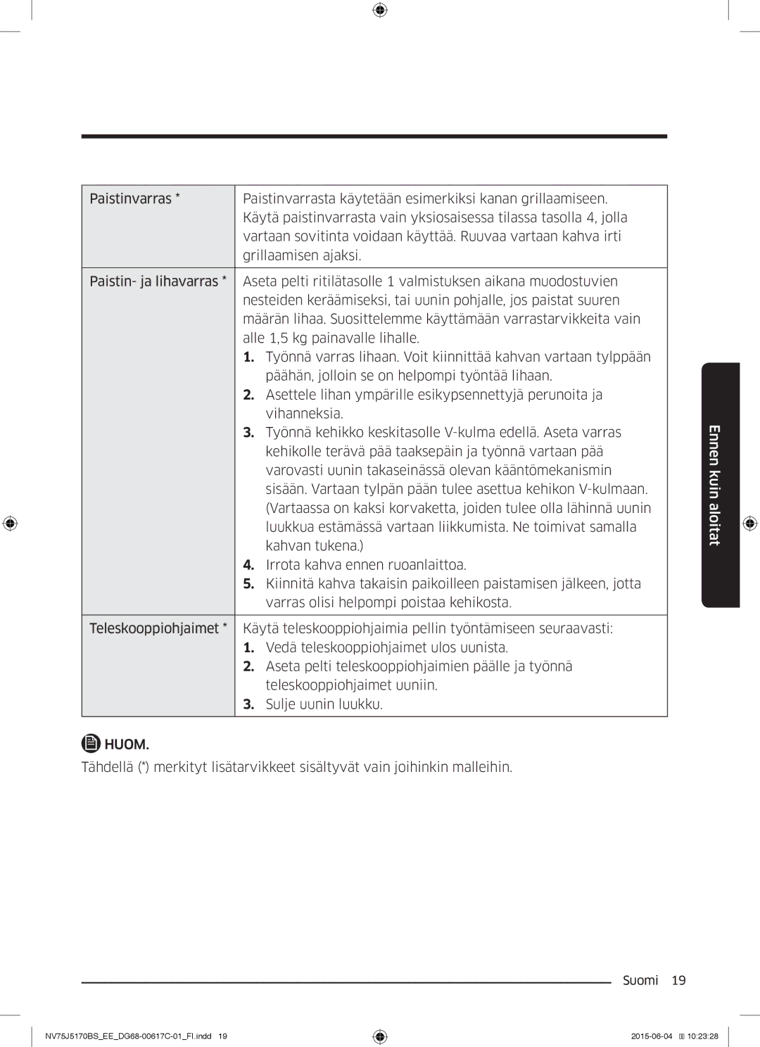 Samsung NV75J5170BS/EE manual Huom 