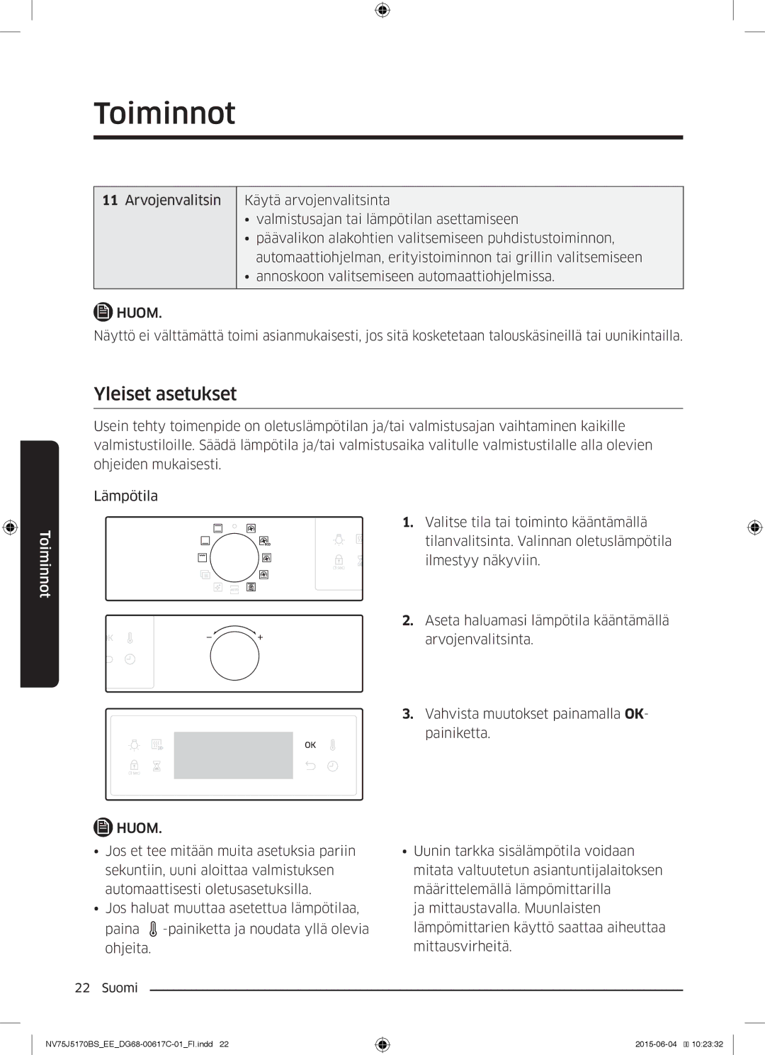 Samsung NV75J5170BS/EE manual Yleiset asetukset 