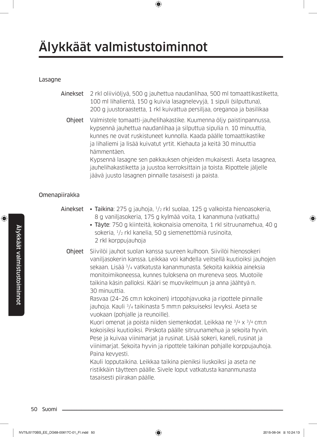 Samsung NV75J5170BS/EE manual Älykkäät valmistustoiminnot 