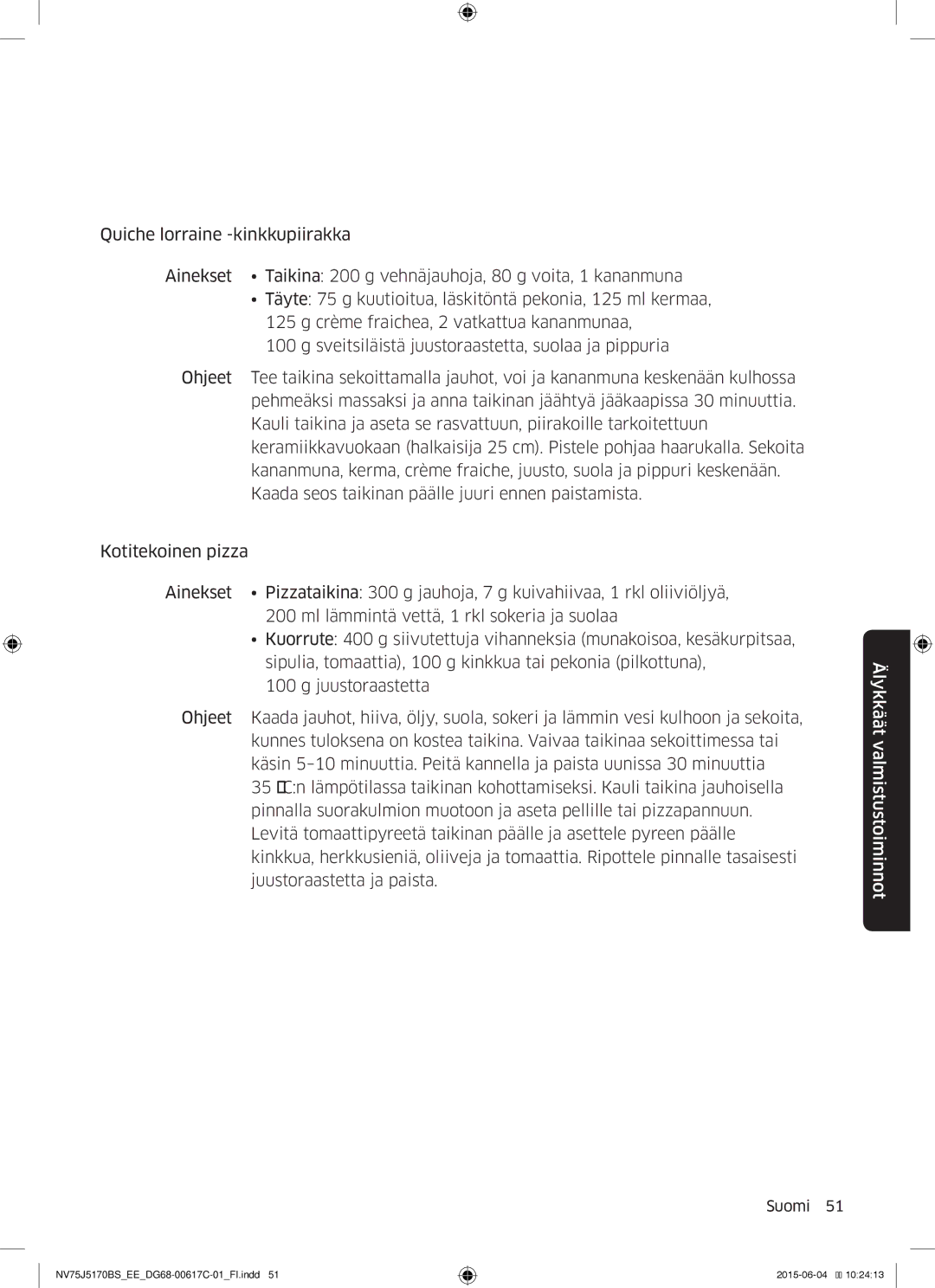 Samsung NV75J5170BS/EE manual Älykkäät valmistustoiminnot 