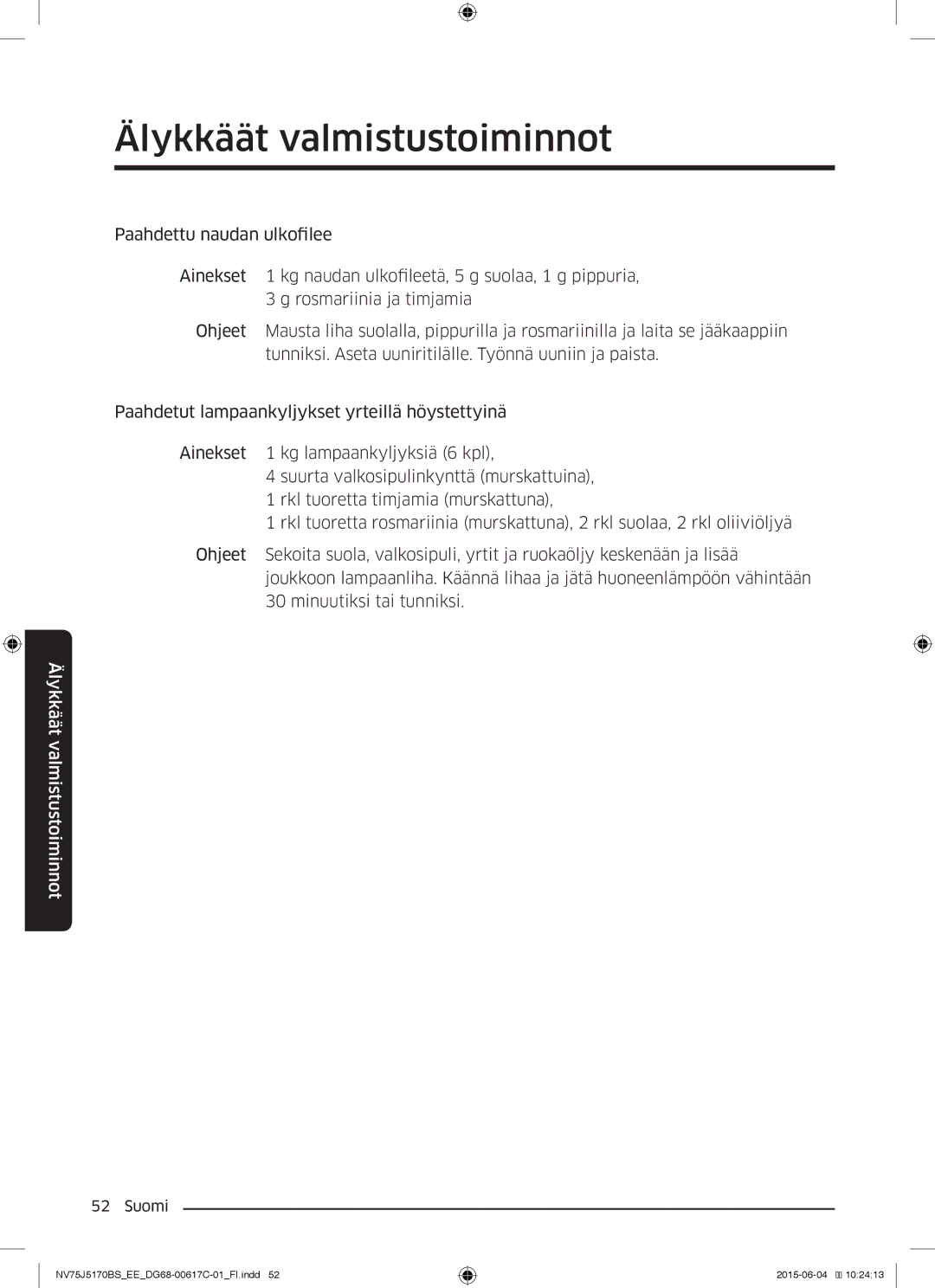 Samsung NV75J5170BS/EE manual Älykkäät valmistustoiminnot 