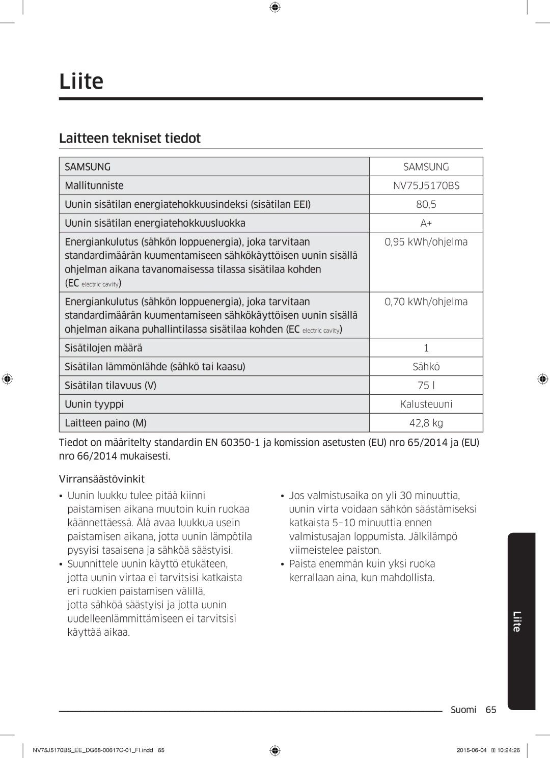 Samsung NV75J5170BS/EE manual Virransäästövinkit 