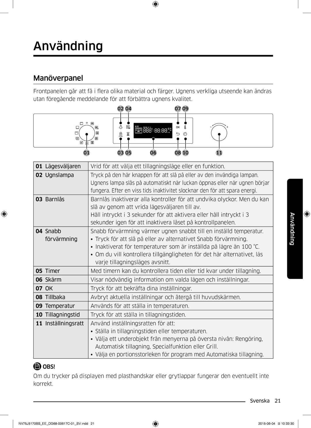 Samsung NV75J5170BS/EE manual Användning, Manöverpanel 