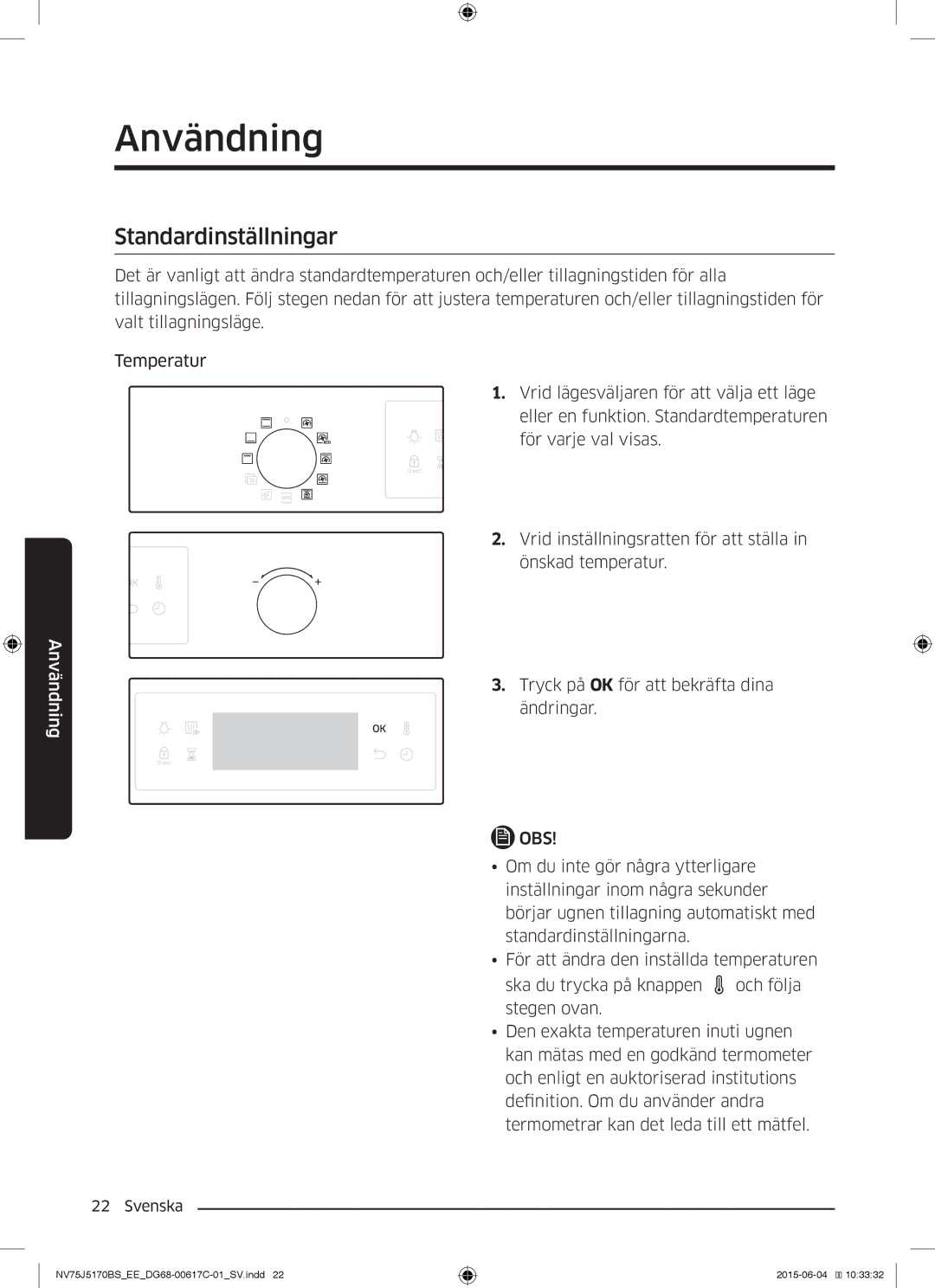 Samsung NV75J5170BS/EE manual Standardinställningar 