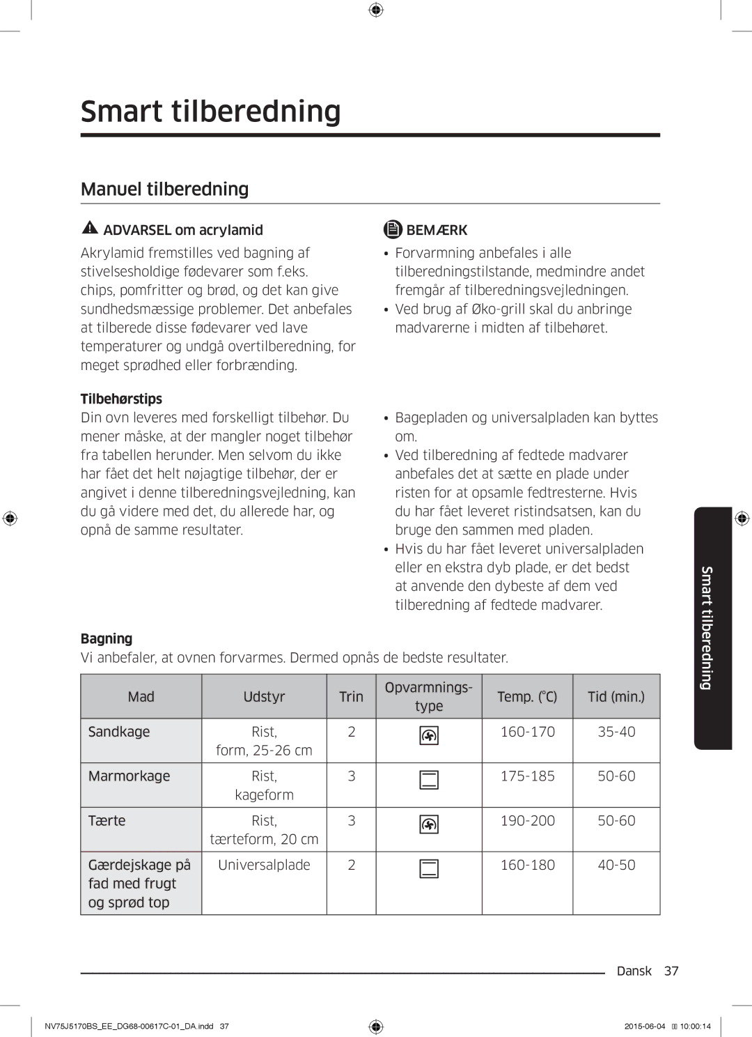 Samsung NV75J5170BS/EE manual Smart tilberedning, Manuel tilberedning, Tilbehørstips, Bagning 