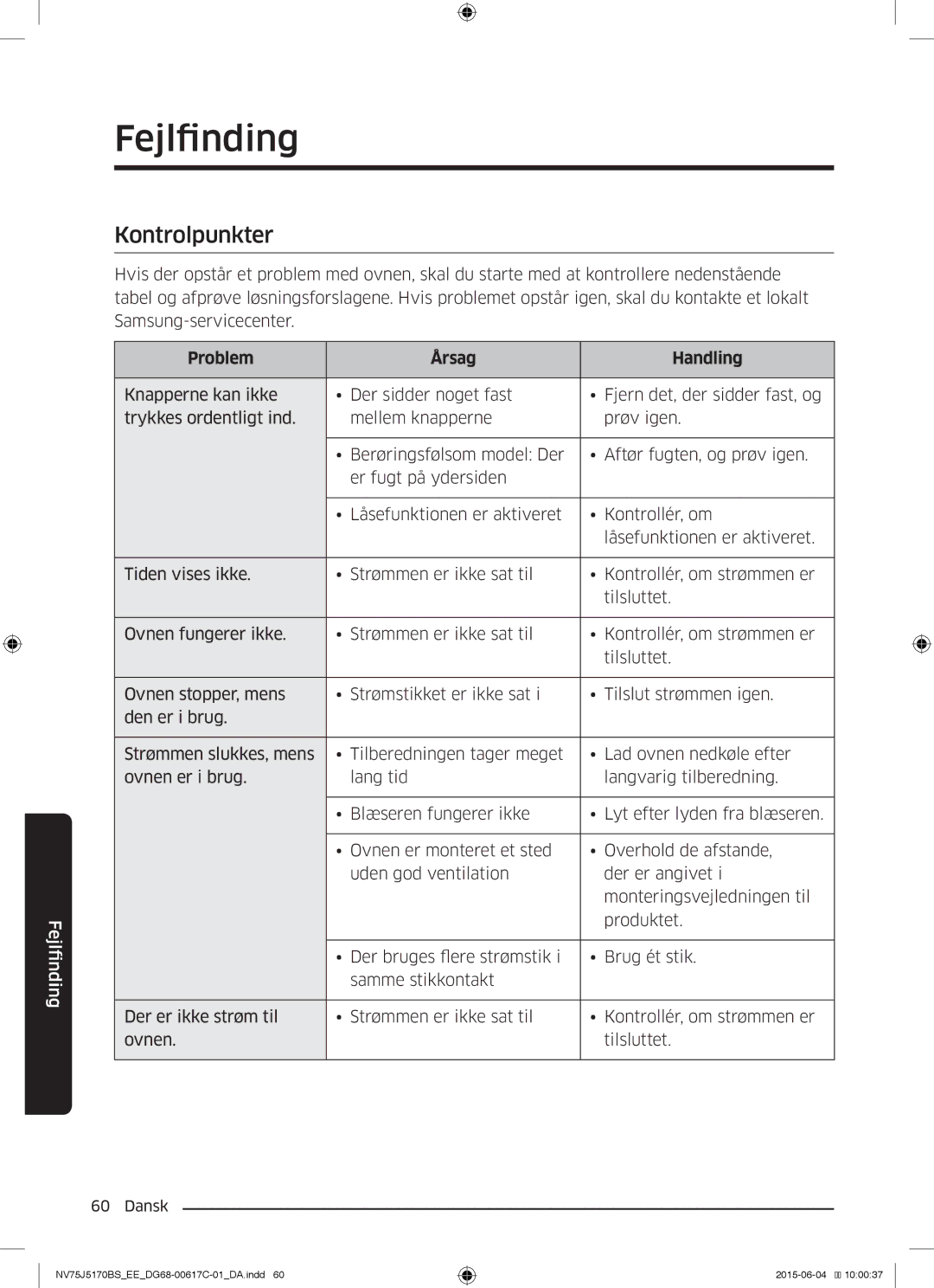 Samsung NV75J5170BS/EE manual Fejlfnding, Kontrolpunkter, Problem Årsag Handling 