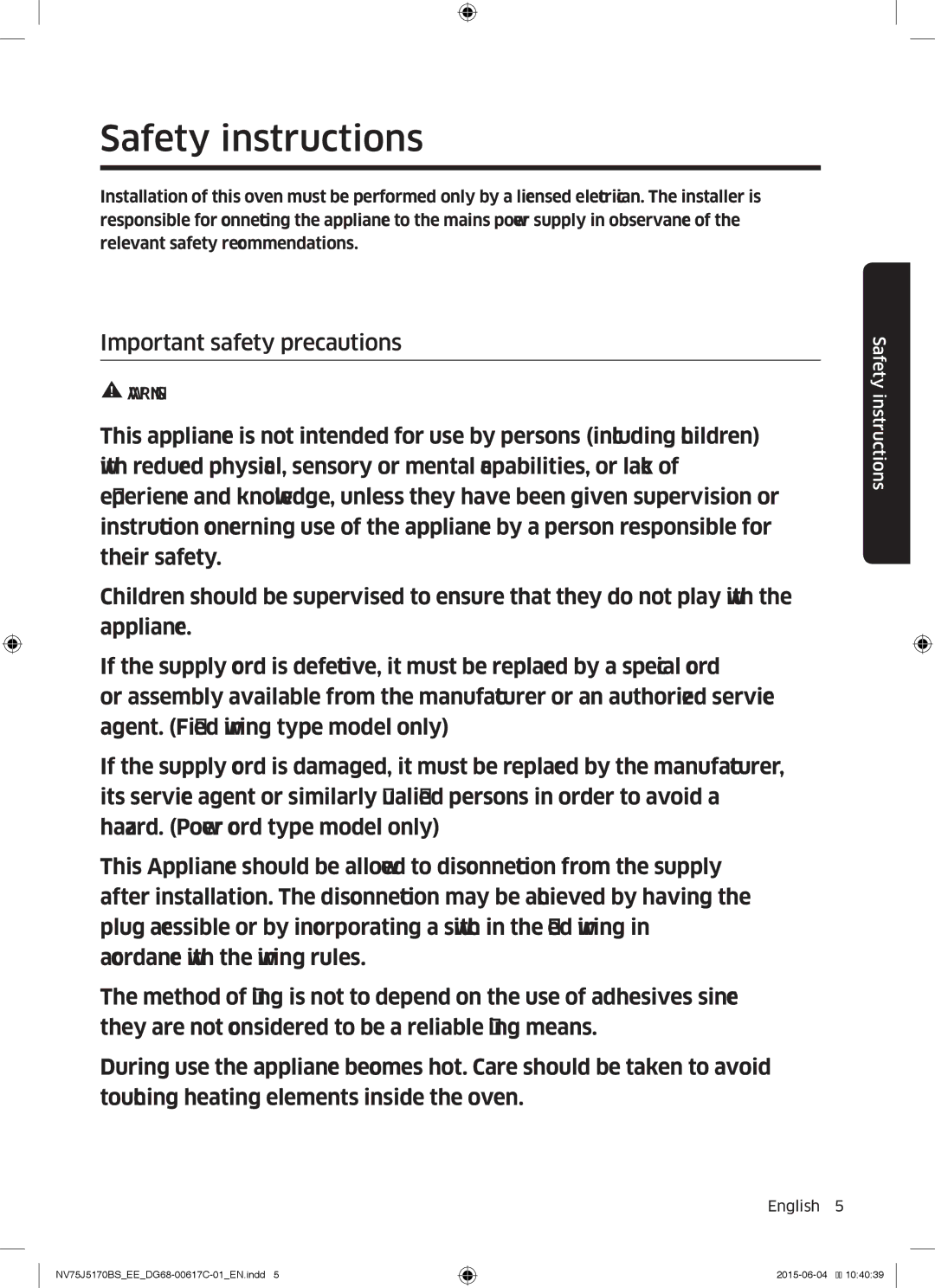 Samsung NV75J5170BS/EE manual Safety instructions 