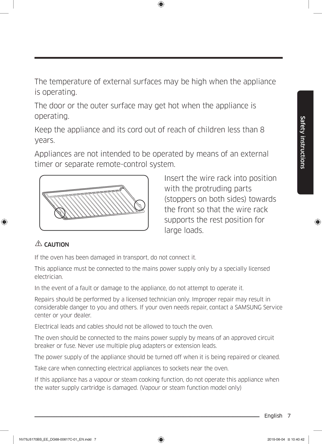 Samsung NV75J5170BS/EE manual Safety instructions 