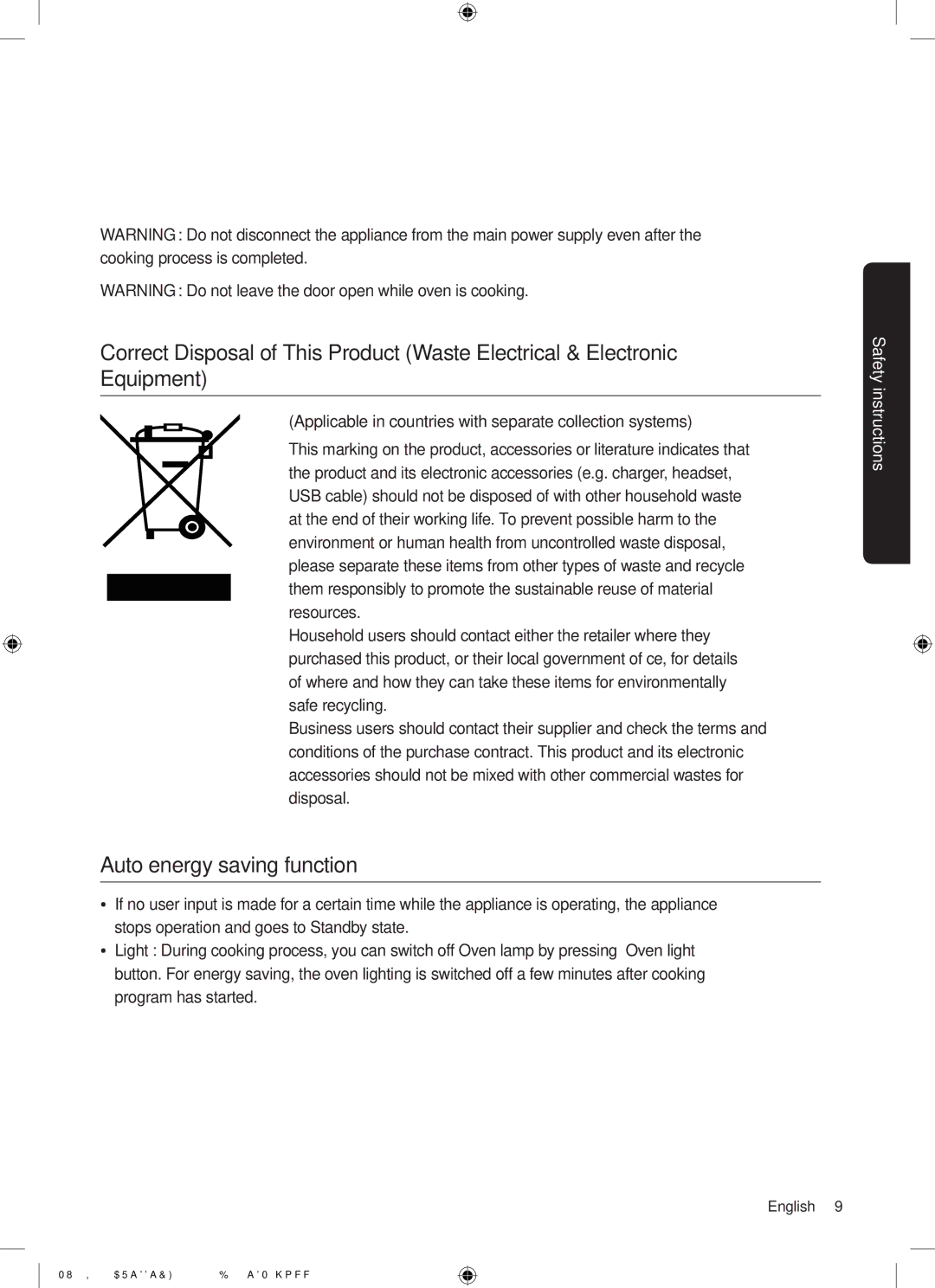 Samsung NV75J5170BS/EE manual Auto energy saving function 