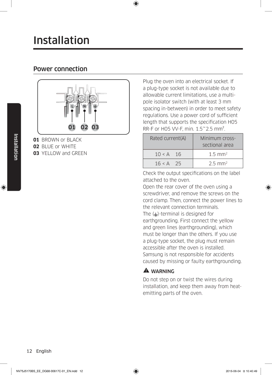 Samsung NV75J5170BS/EE manual Power connection 