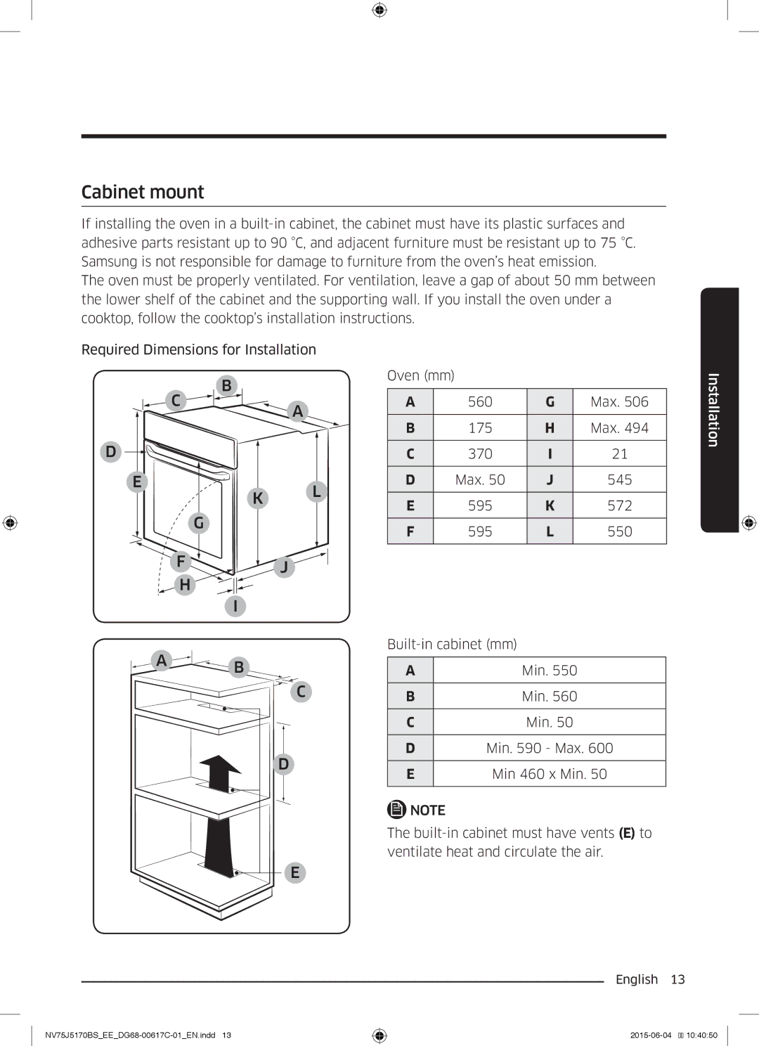 Samsung NV75J5170BS/EE manual Cabinet mount 