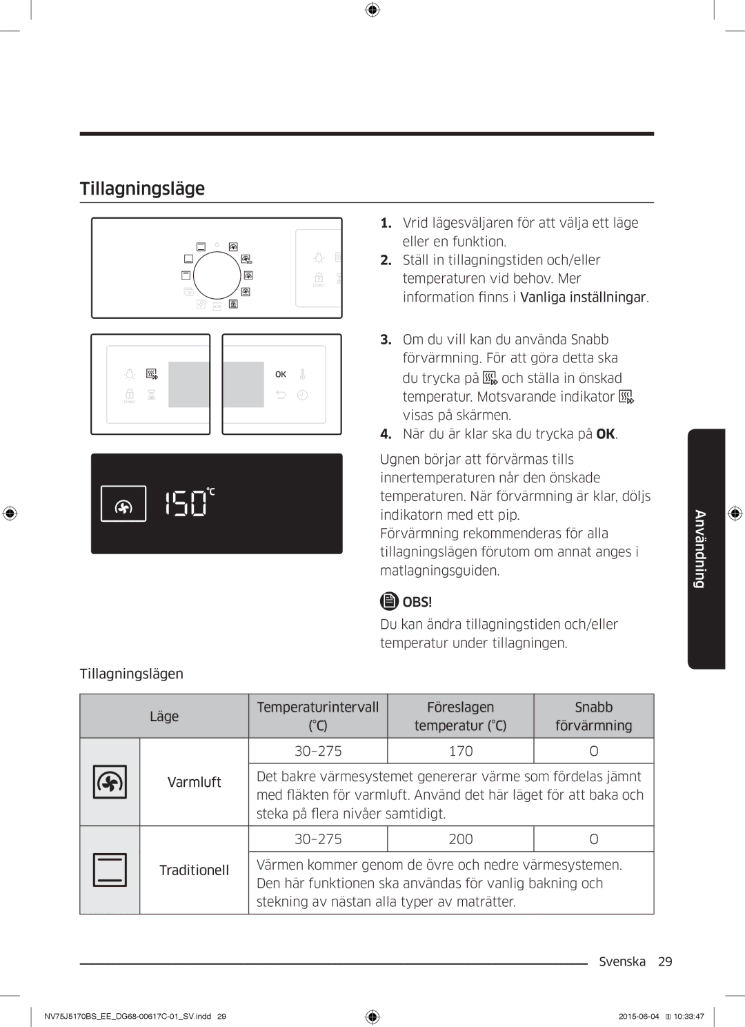 Samsung NV75J5170BS/EE manual Tillagningsläge 