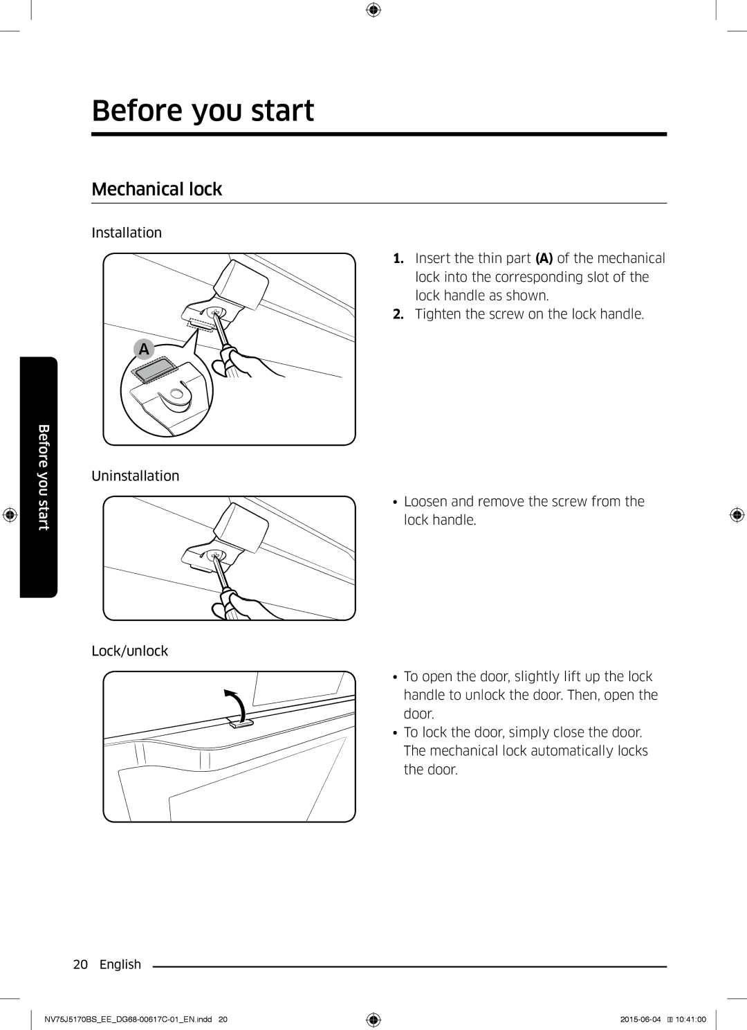 Samsung NV75J5170BS/EE manual Mechanical lock, Before You start Uninstallation 