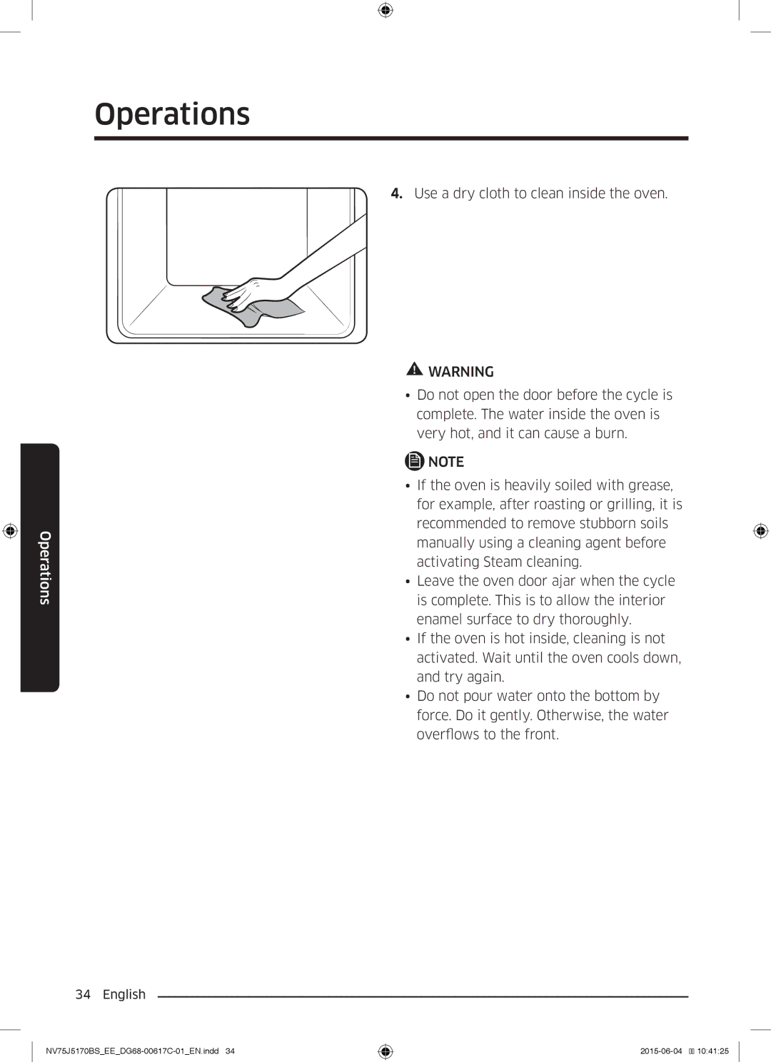 Samsung NV75J5170BS/EE manual Use a dry cloth to clean inside the oven 