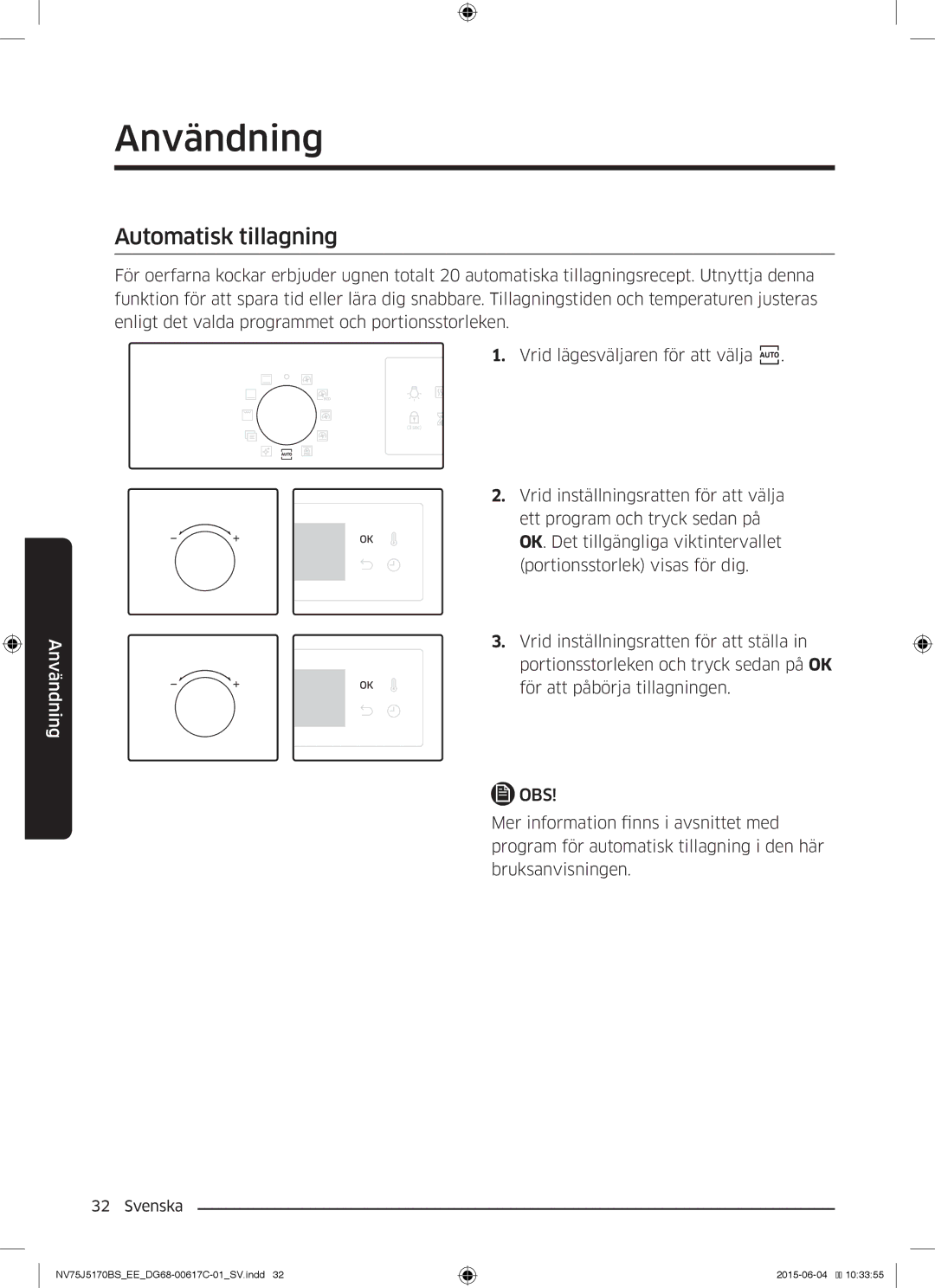 Samsung NV75J5170BS/EE manual Automatisk tillagning 