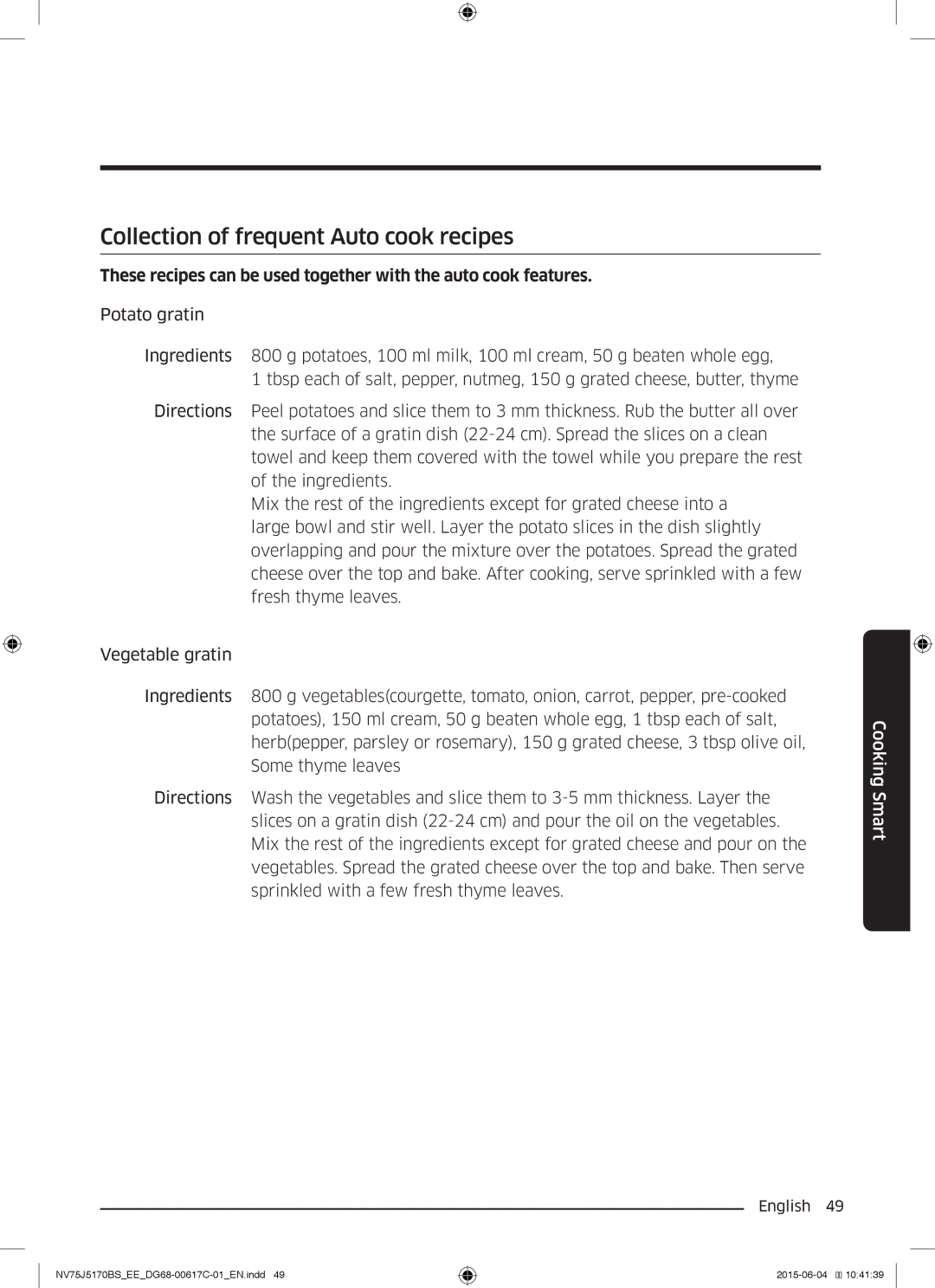 Samsung NV75J5170BS/EE manual Collection of frequent Auto cook recipes 