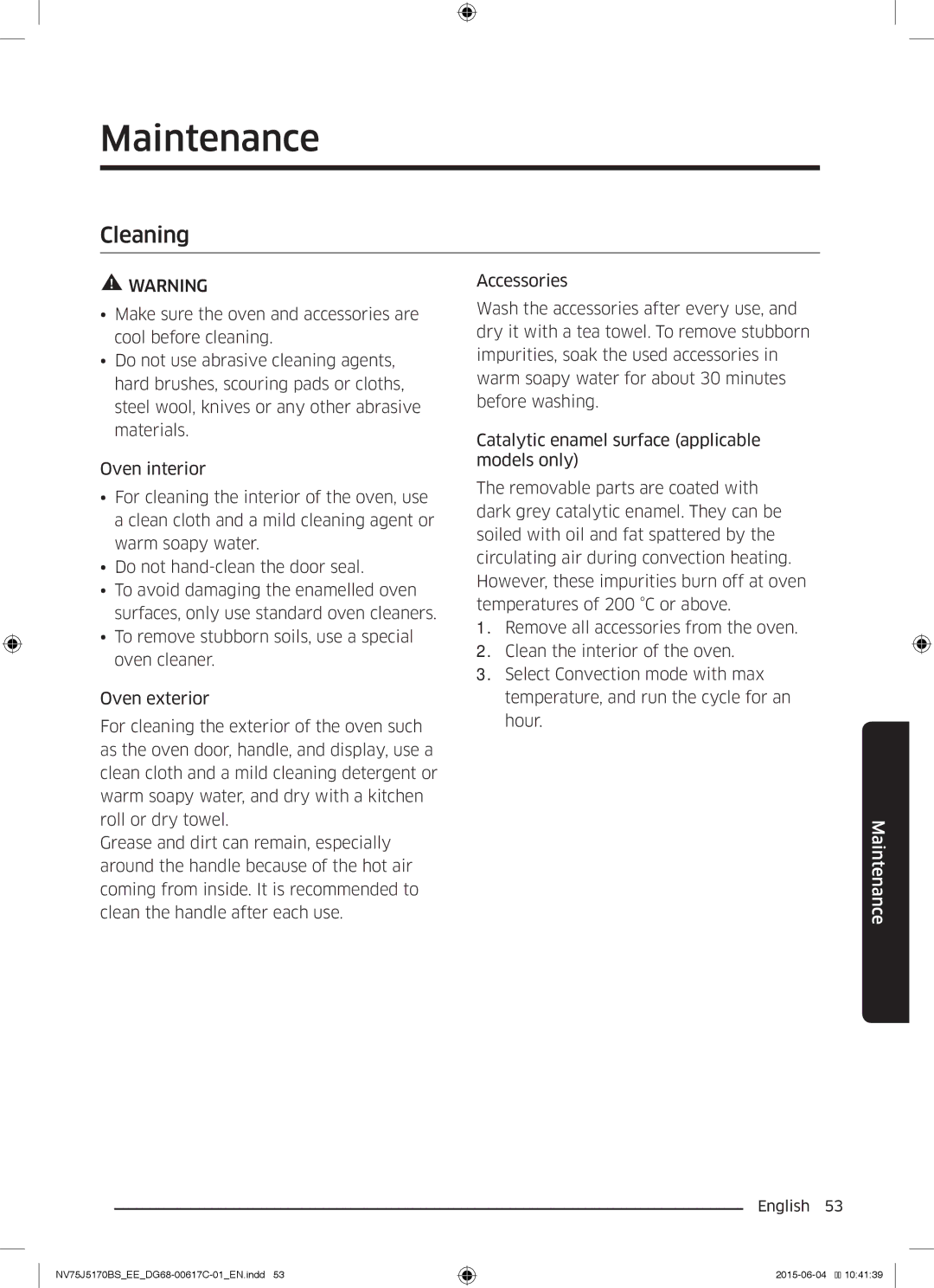 Samsung NV75J5170BS/EE manual Maintenance, Cleaning 