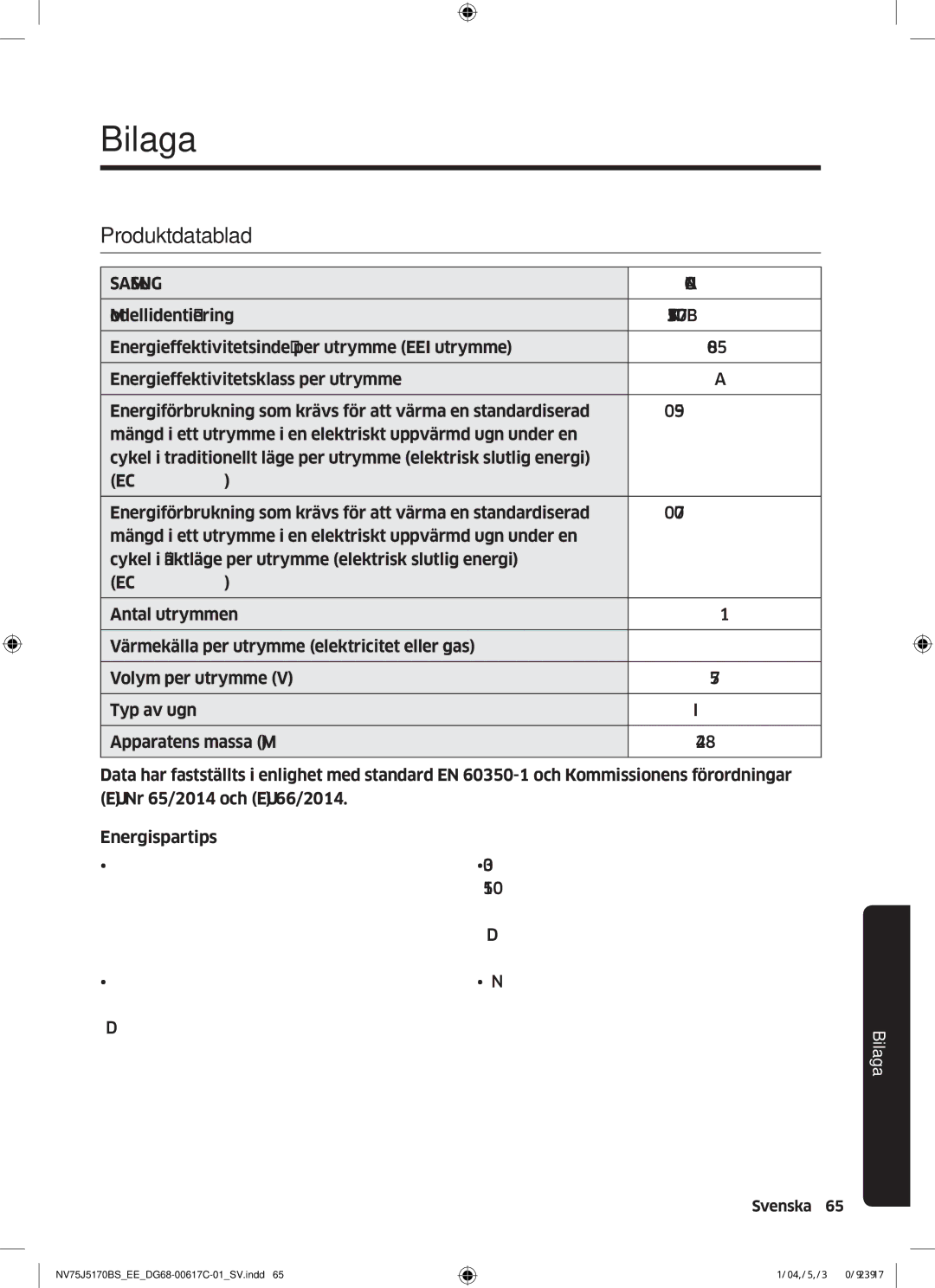 Samsung NV75J5170BS/EE manual Bilaga, Produktdatablad 