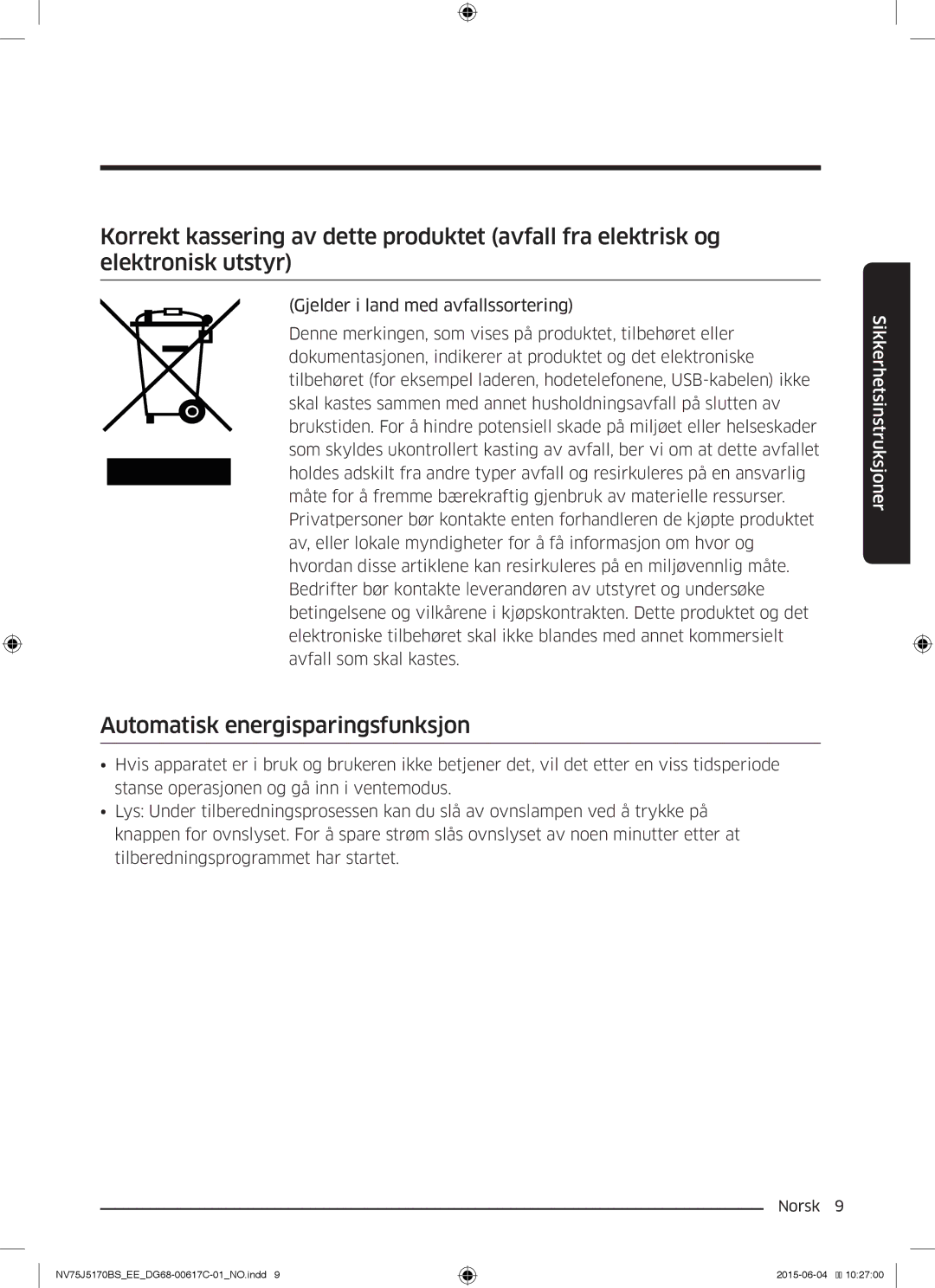 Samsung NV75J5170BS/EE manual Automatisk energisparingsfunksjon 