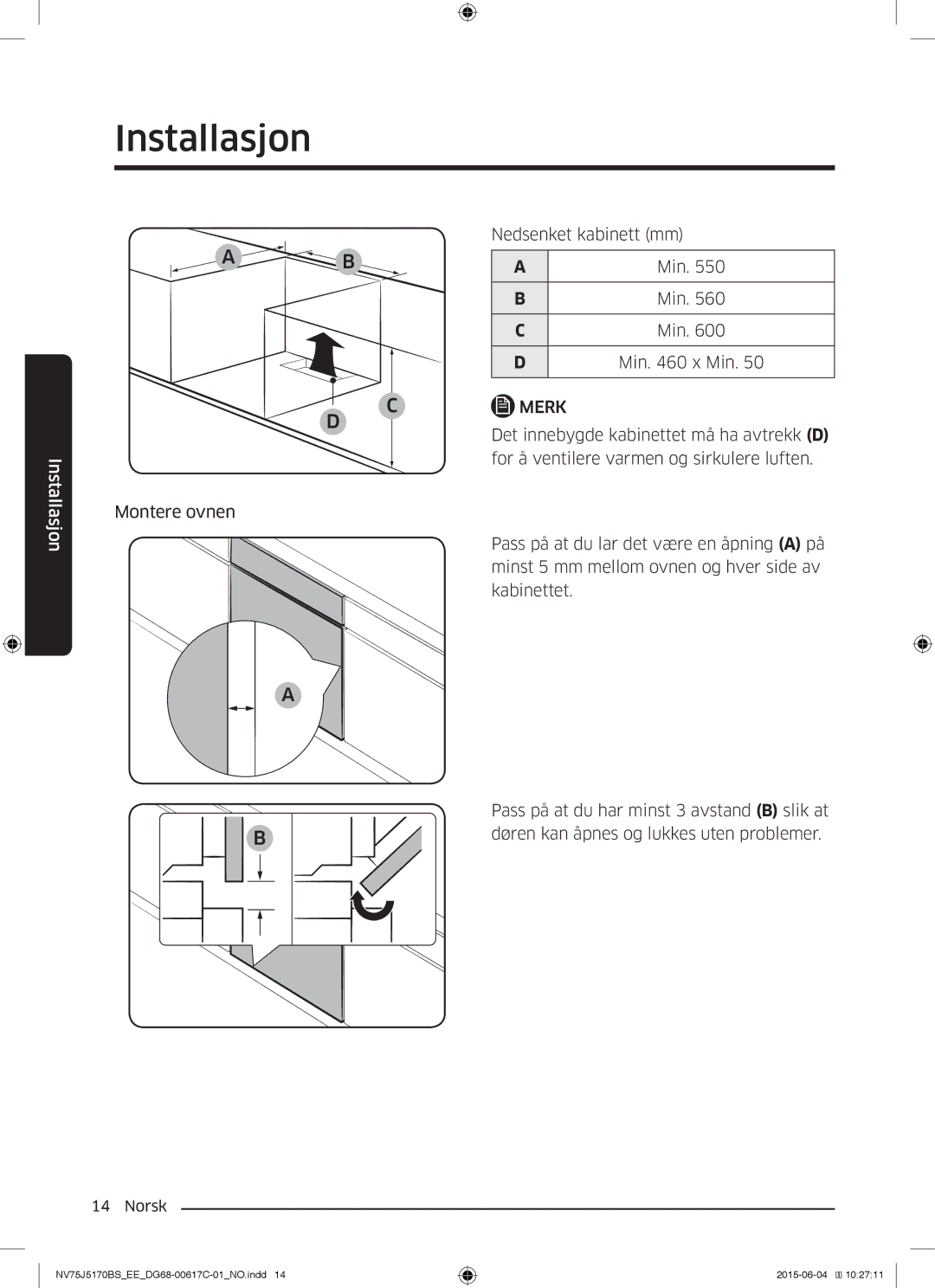 Samsung NV75J5170BS/EE manual Nedsenket kabinett mm 