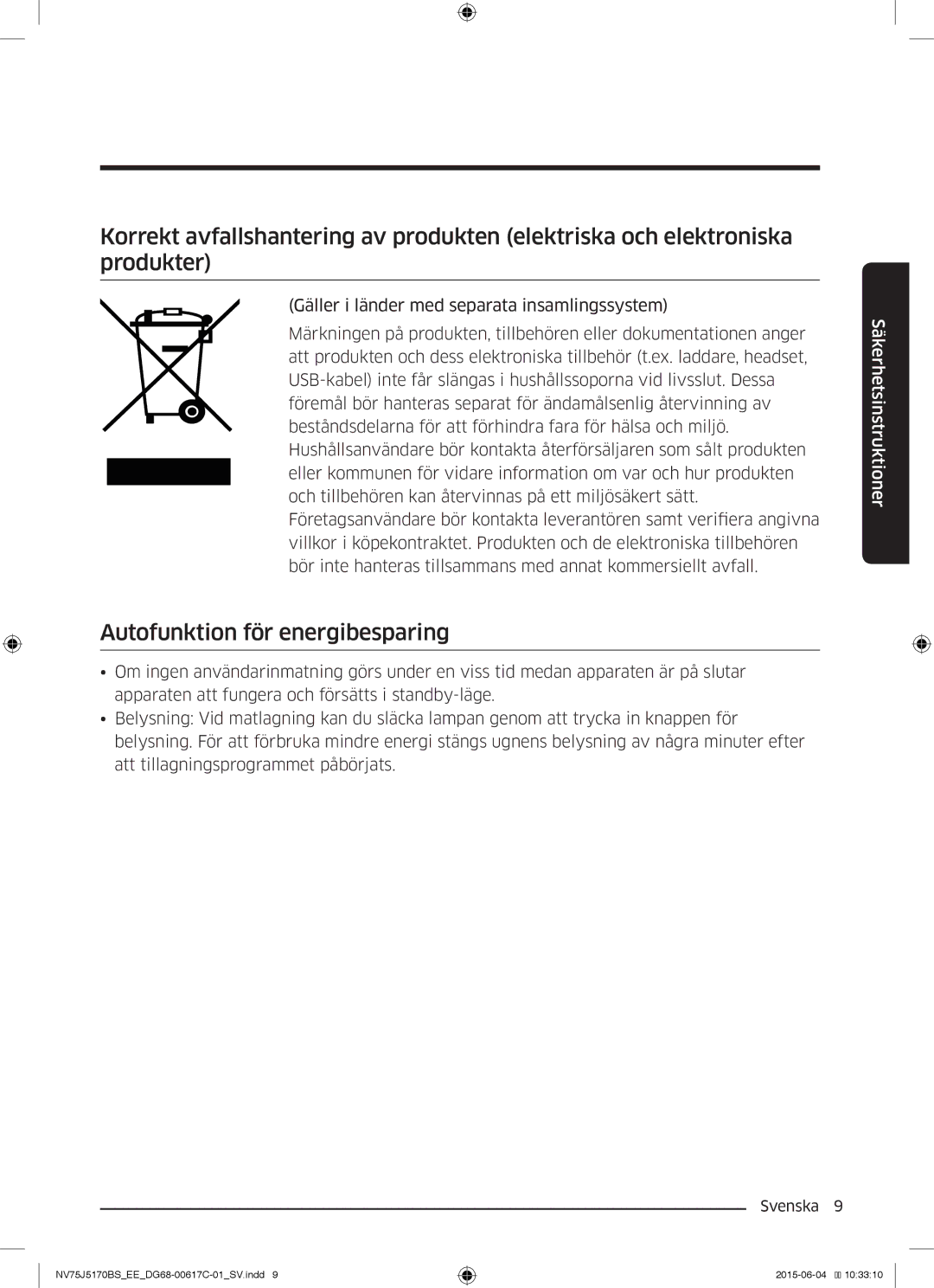 Samsung NV75J5170BS/EE manual Autofunktion för energibesparing 