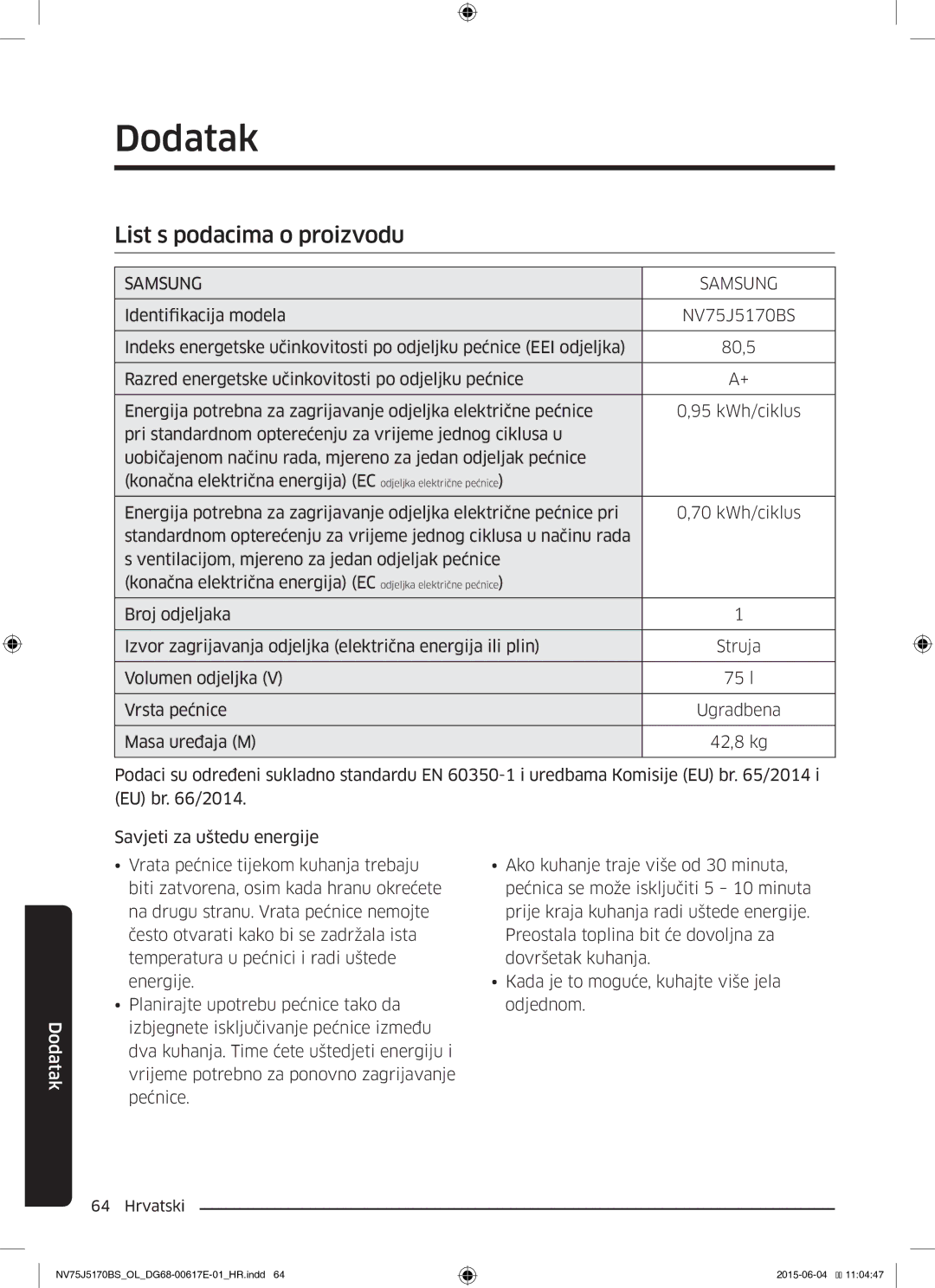 Samsung NV75J5170BS/OL manual Dodatak, List s podacima o proizvodu 