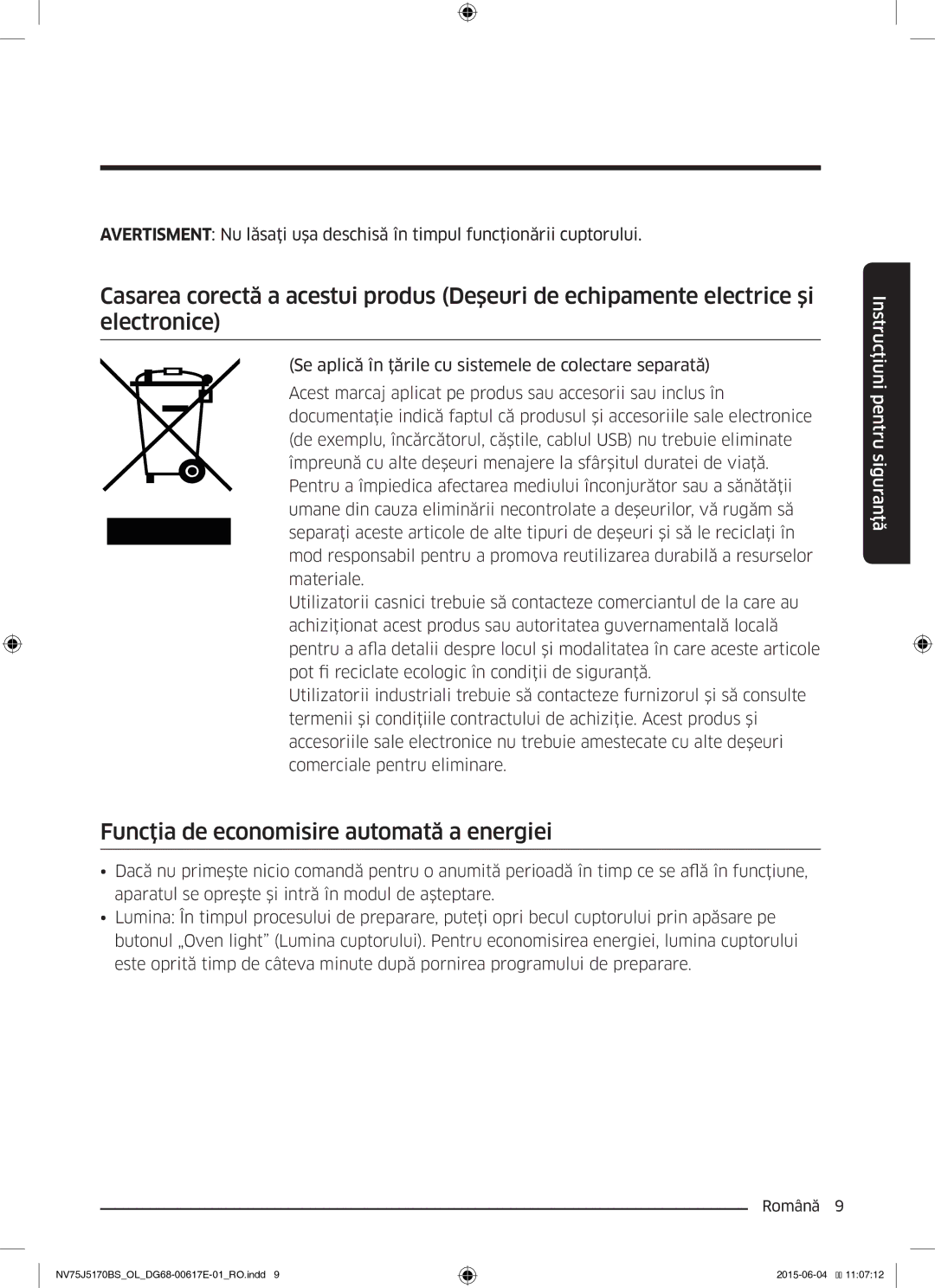 Samsung NV75J5170BS/OL manual Funcţia de economisire automată a energiei 