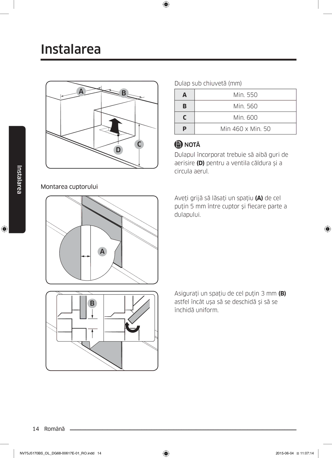 Samsung NV75J5170BS/OL manual Dulap sub chiuvetă mm, Aerisire D pentru a ventila căldura şi a 