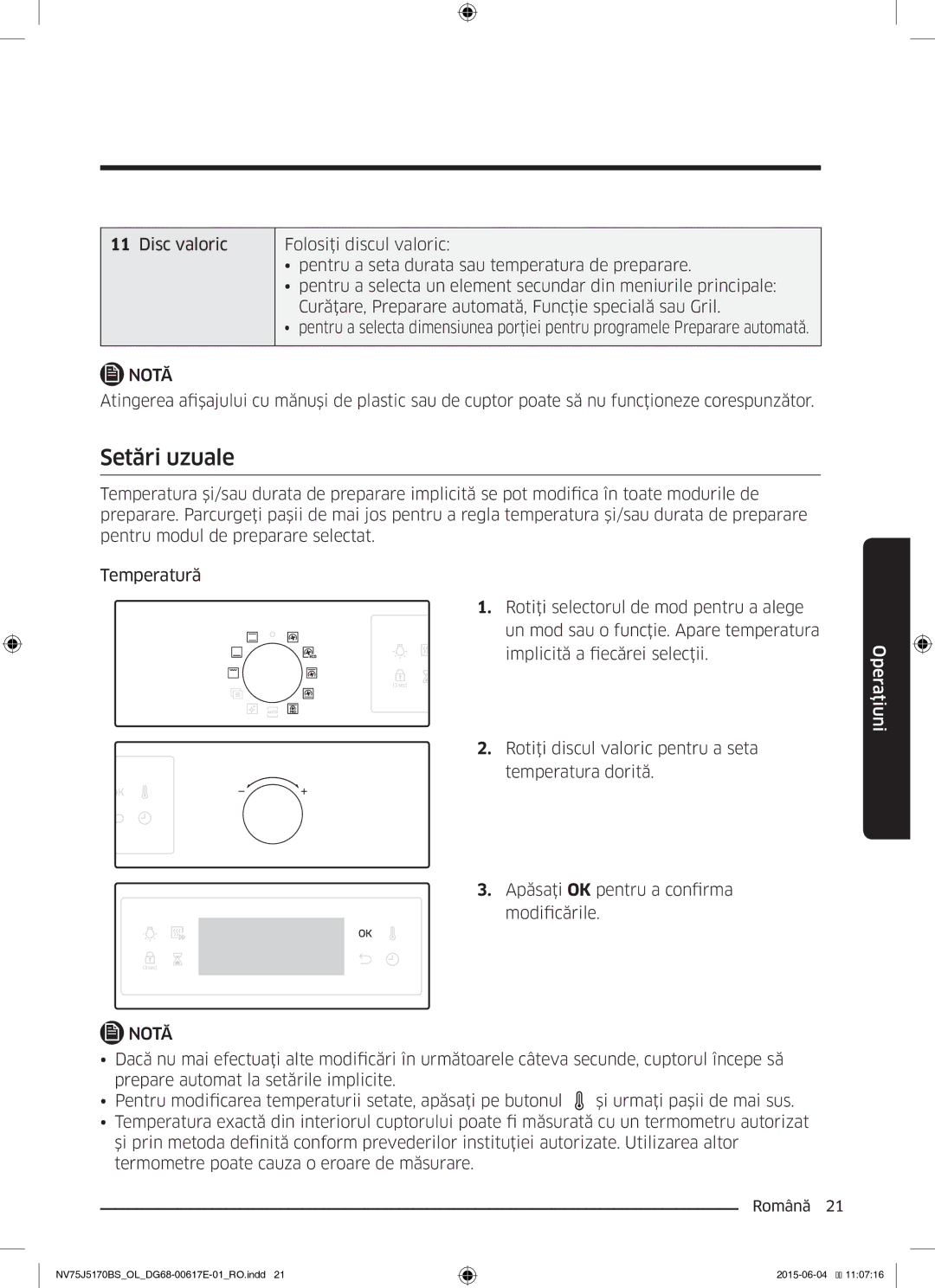 Samsung NV75J5170BS/OL manual Setări uzuale 