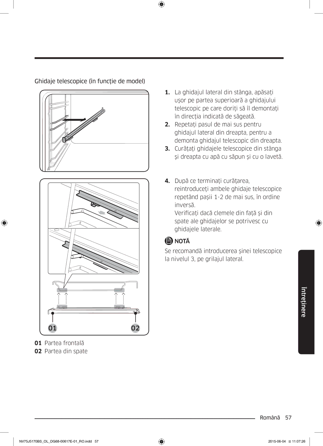 Samsung NV75J5170BS/OL manual Ghidaje telescopice în funcţie de model, Partea frontală Partea din spate 