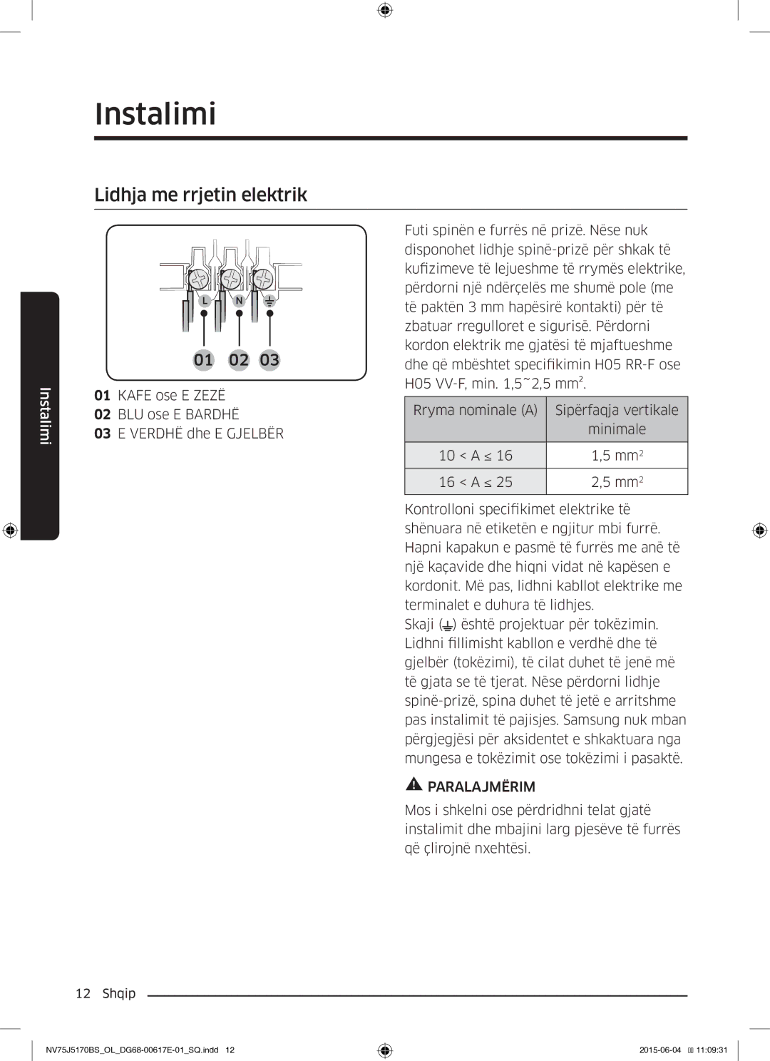 Samsung NV75J5170BS/OL manual Lidhja me rrjetin elektrik 