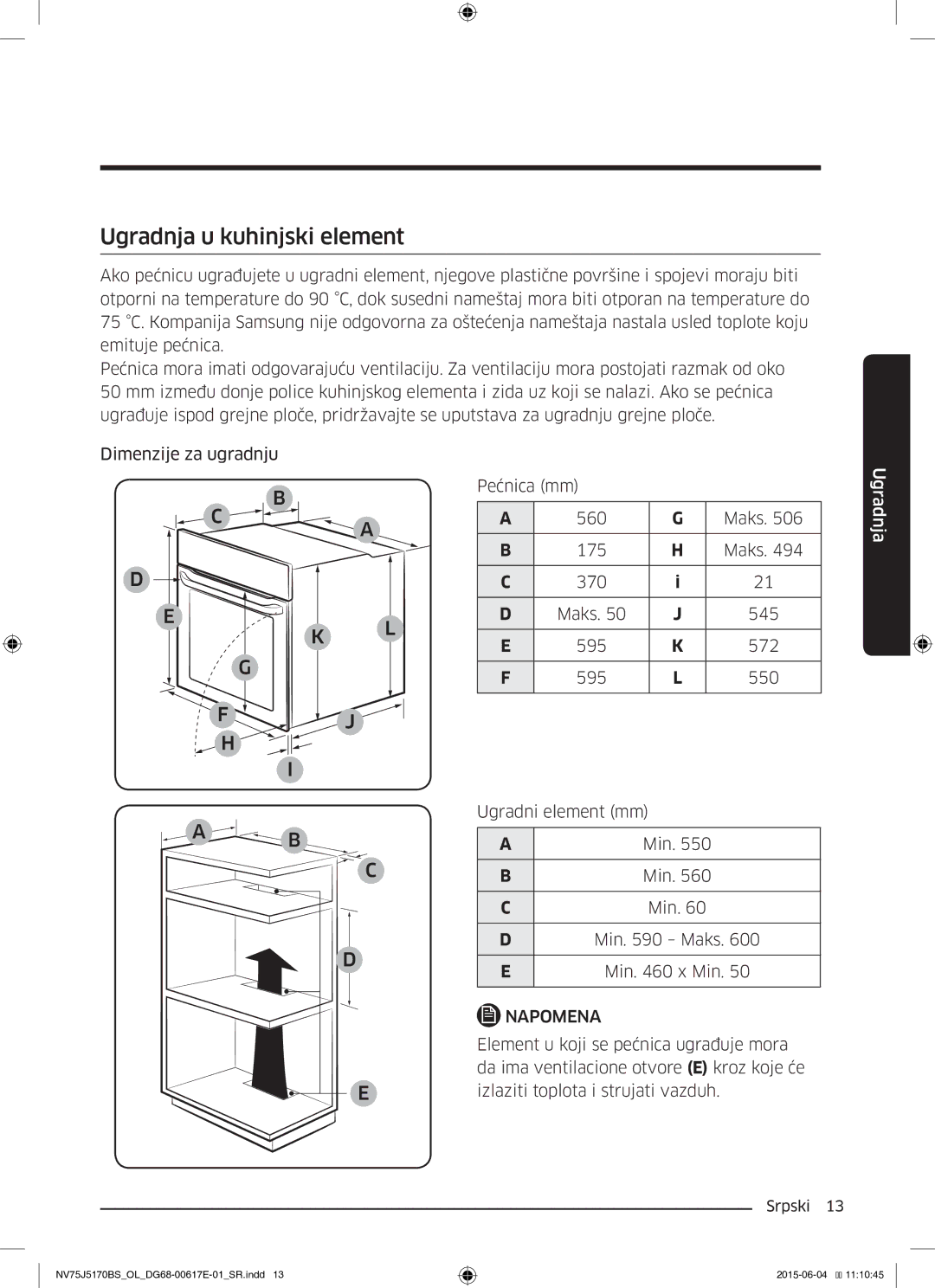 Samsung NV75J5170BS/OL manual Ugradnja u kuhinjski element, Ugradni element mm, Element u koji se pećnica ugrađuje mora 