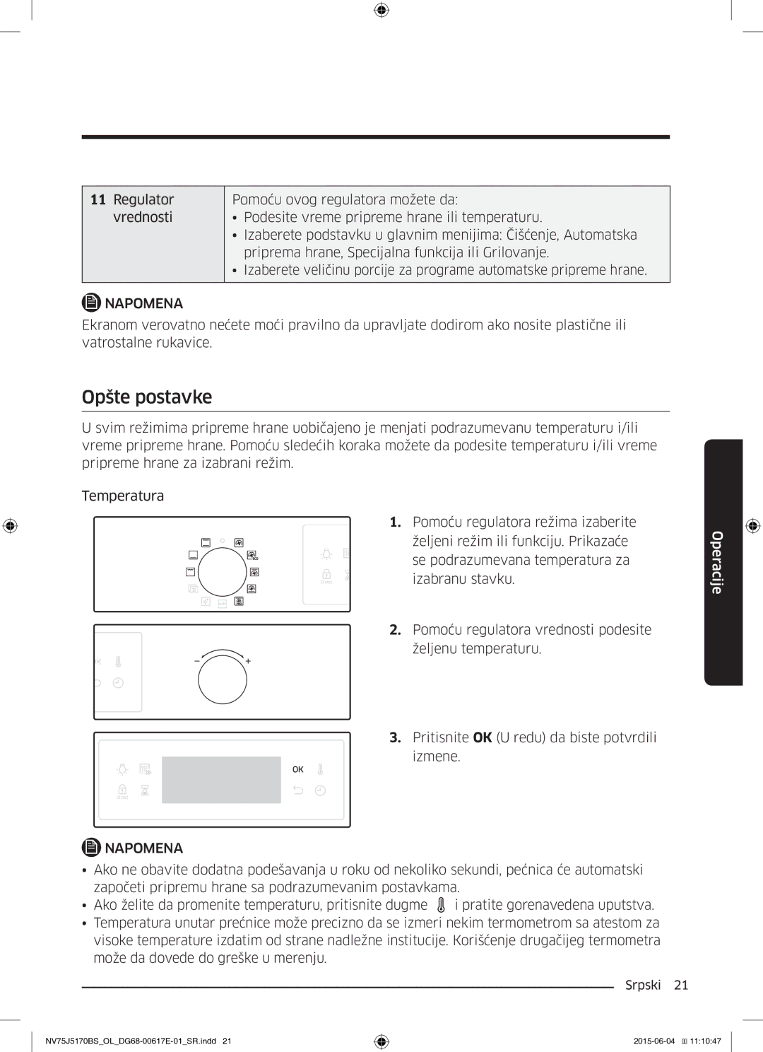 Samsung NV75J5170BS/OL manual Opšte postavke 