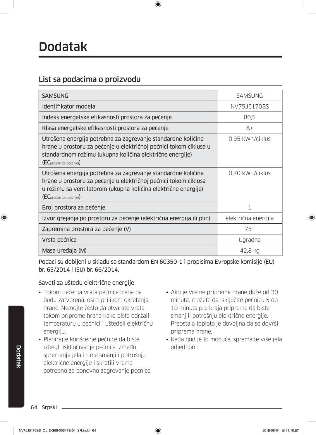 Samsung NV75J5170BS/OL manual Dodatak, List sa podacima o proizvodu 