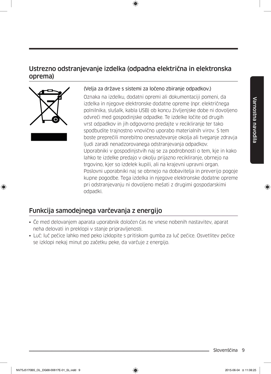 Samsung NV75J5170BS/OL manual Funkcija samodejnega varčevanja z energijo 