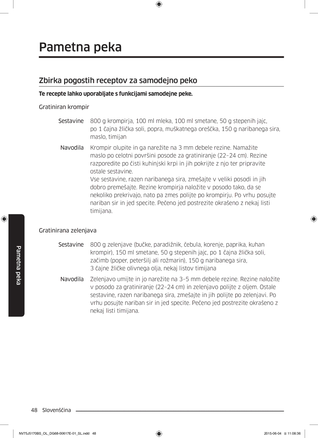 Samsung NV75J5170BS/OL manual Zbirka pogostih receptov za samodejno peko 