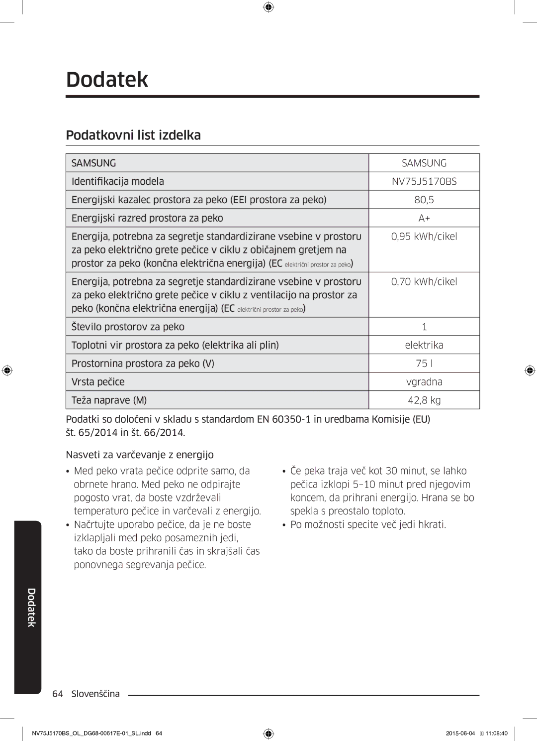 Samsung NV75J5170BS/OL manual Dodatek, Podatkovni list izdelka 