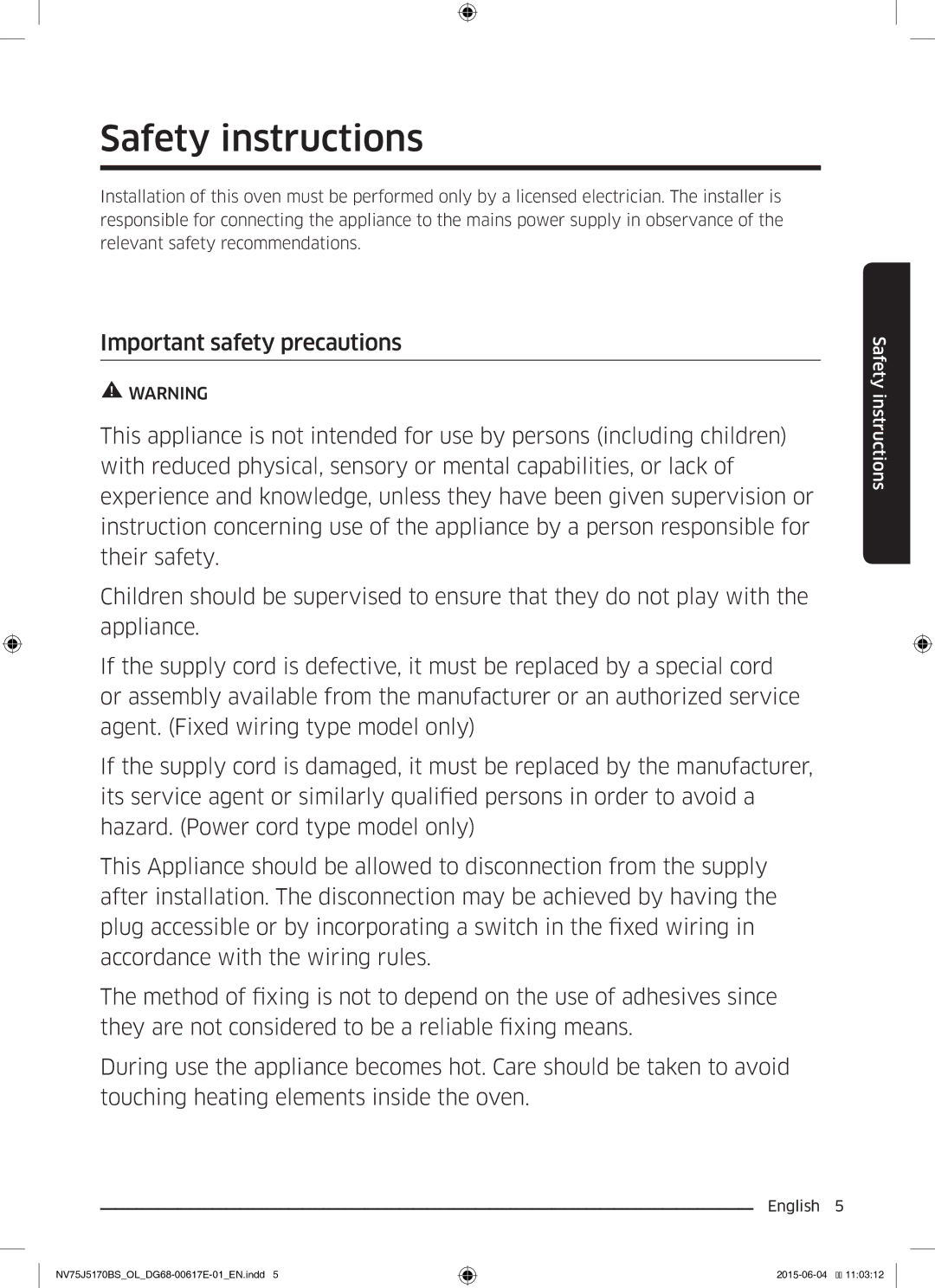 Samsung NV75J5170BS/OL manual Safety instructions 