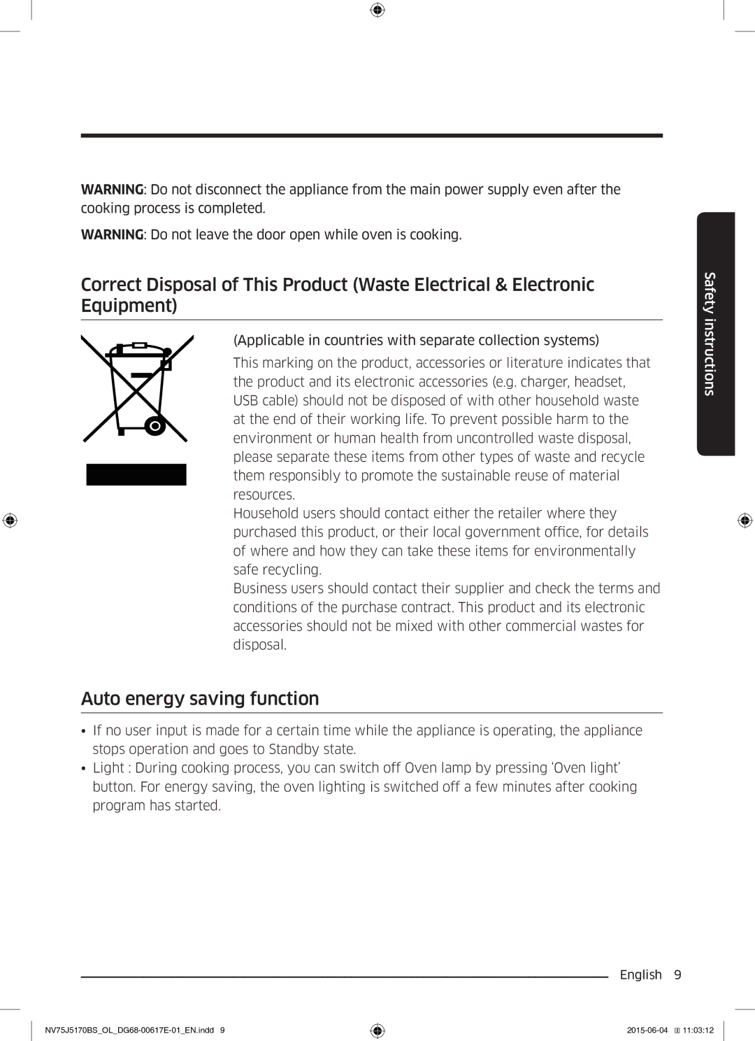 Samsung NV75J5170BS/OL manual Auto energy saving function 