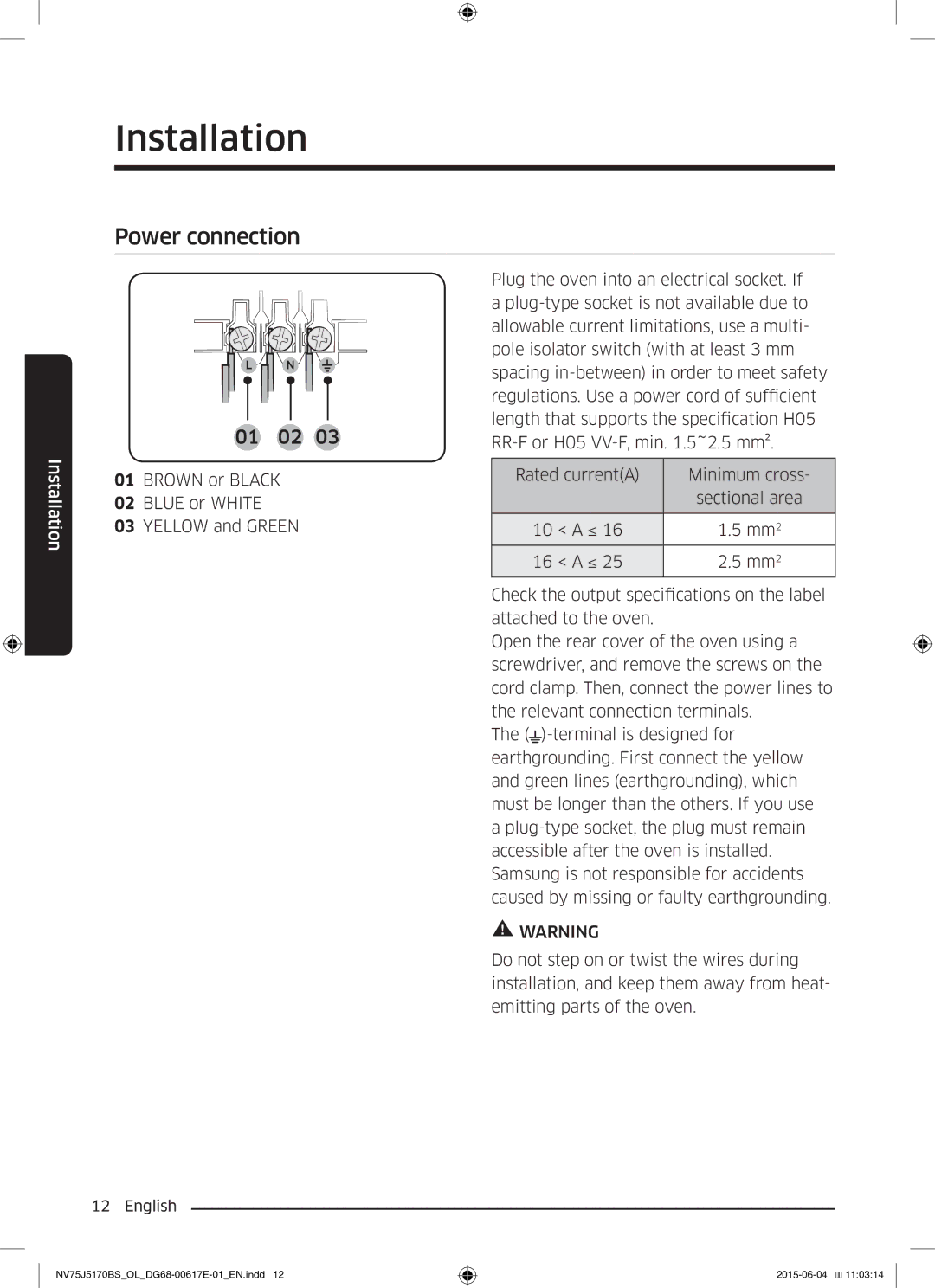 Samsung NV75J5170BS/OL manual Power connection 