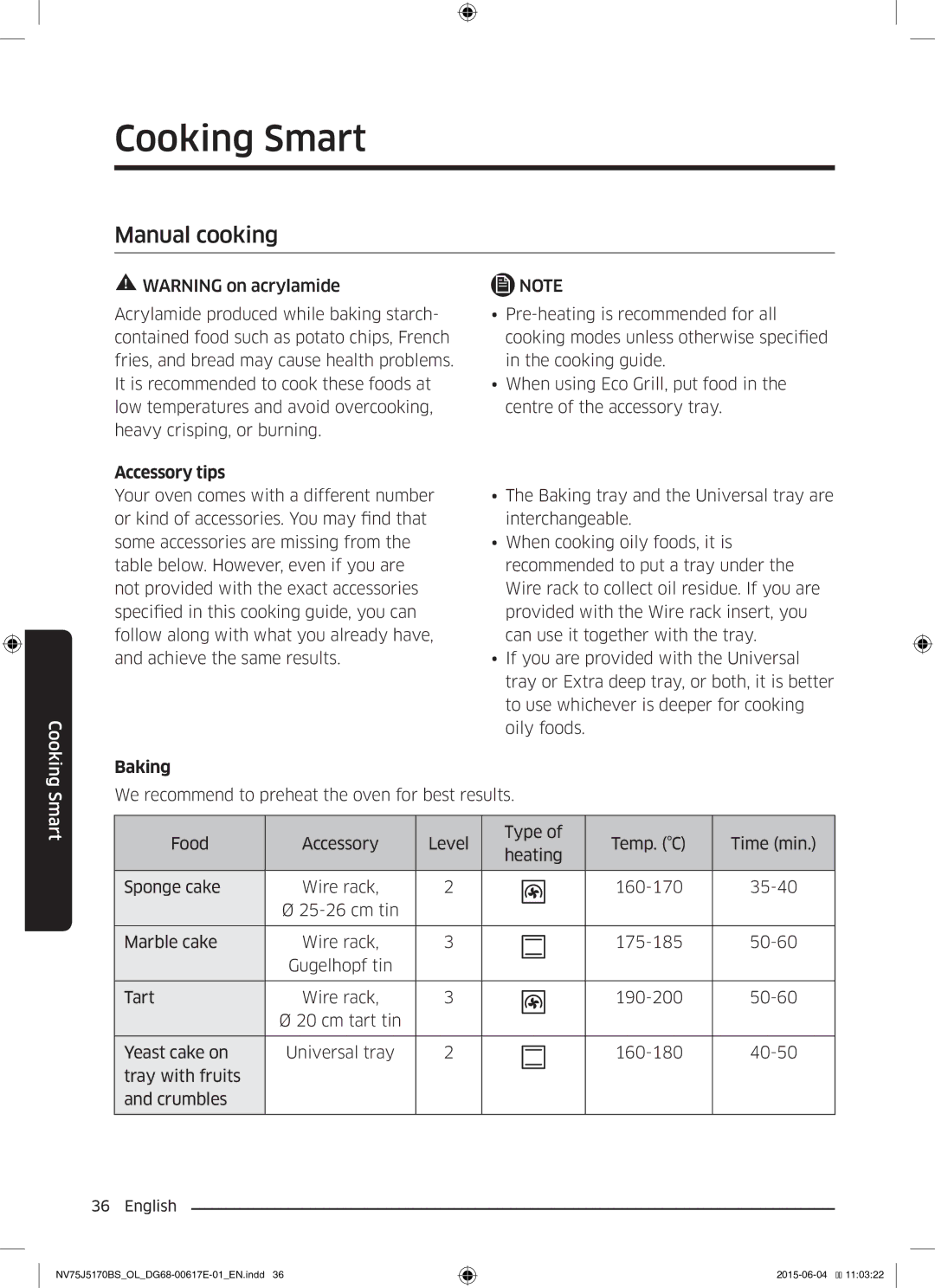 Samsung NV75J5170BS/OL manual Cooking Smart, Manual cooking, Accessory tips, Baking 