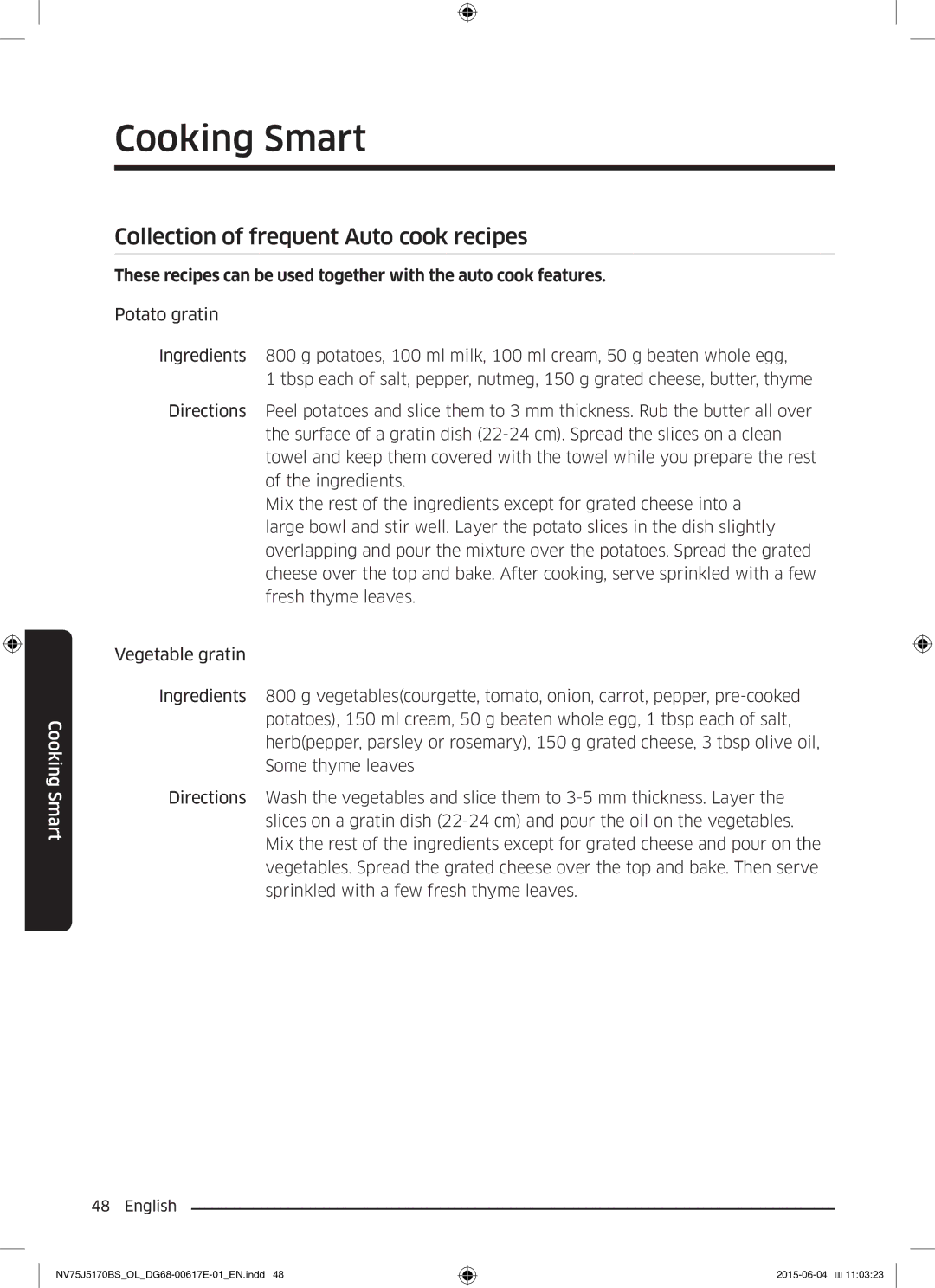 Samsung NV75J5170BS/OL manual Collection of frequent Auto cook recipes 