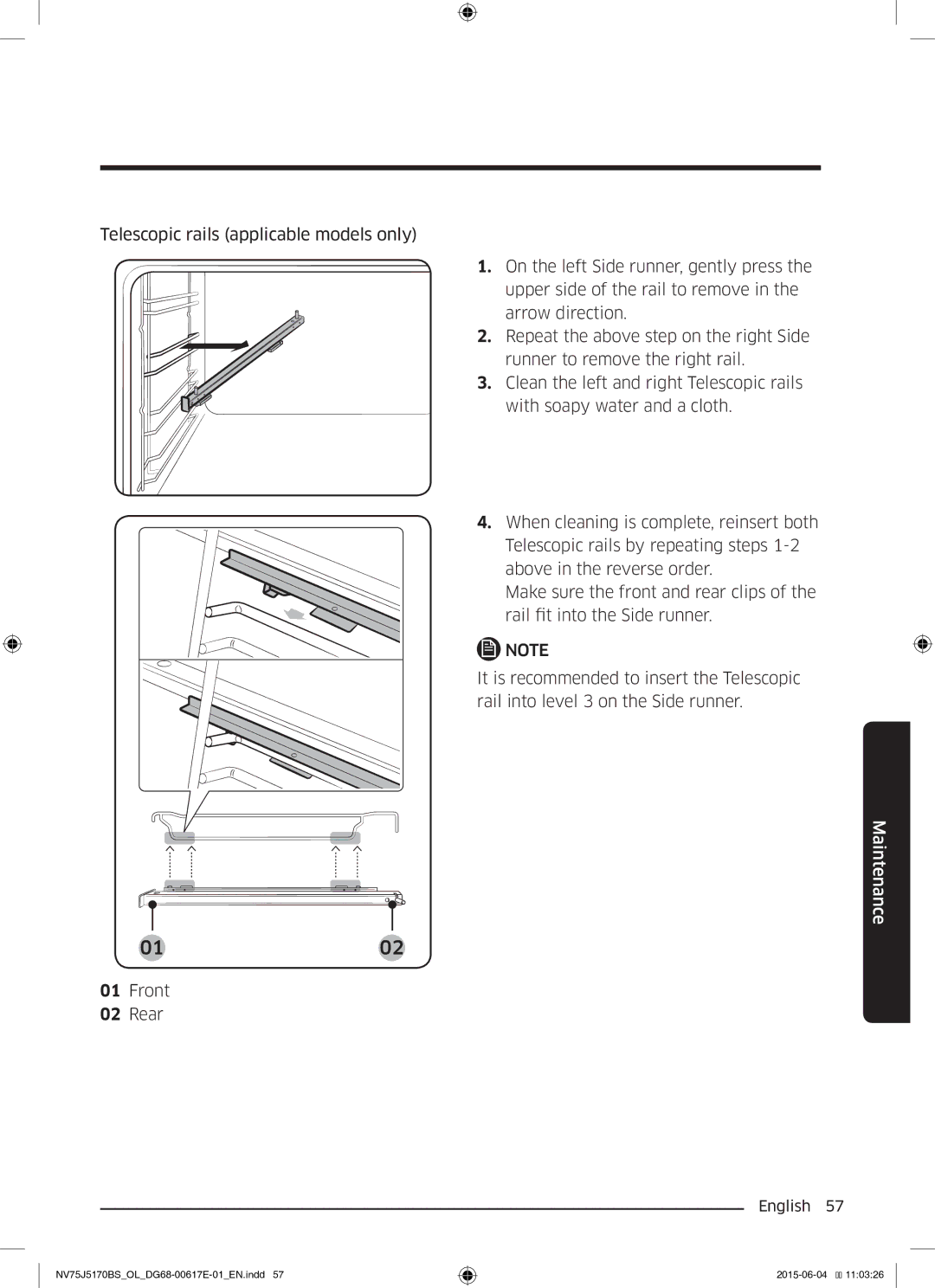 Samsung NV75J5170BS/OL manual Telescopic rails applicable models only, Front Rear 