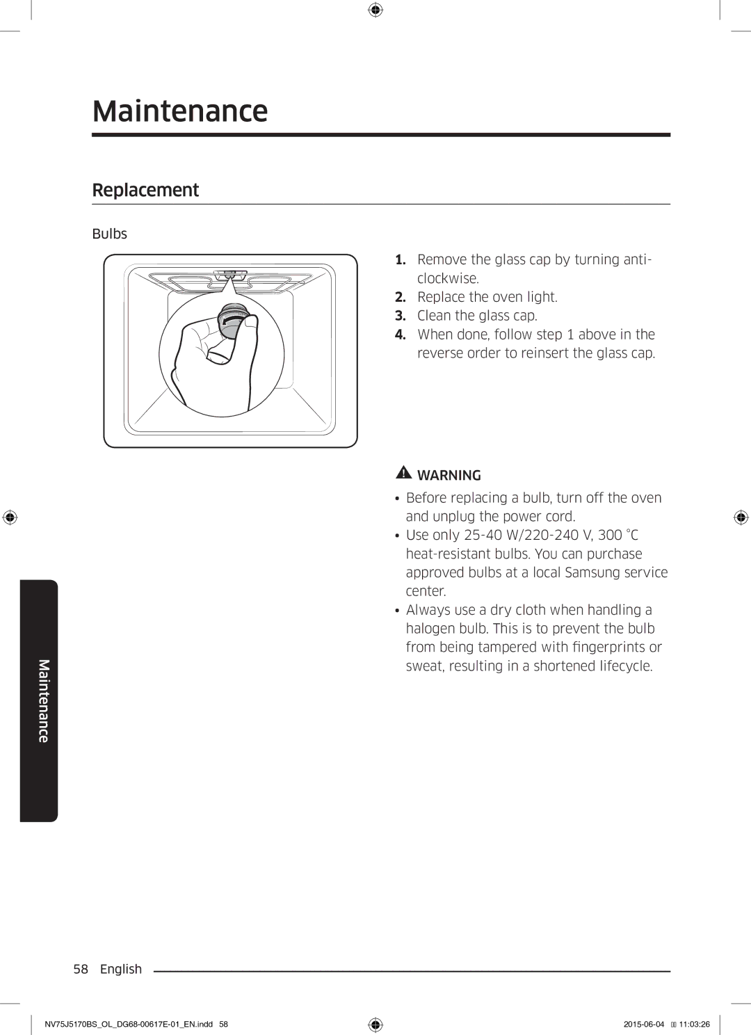 Samsung NV75J5170BS/OL manual Replacement, Bulbs 